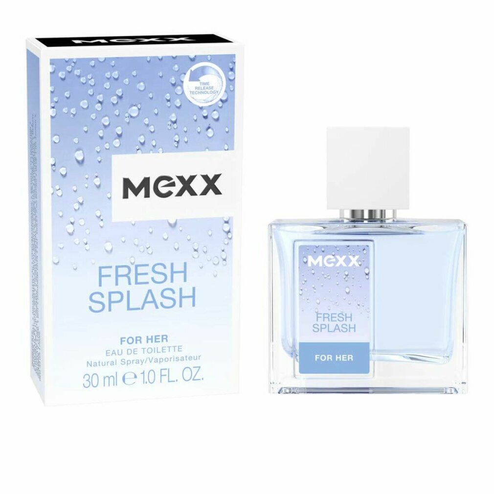 Flakon und Verpackung. Flakon: quadratisch, weißer Verschluss. Verpackung: weiß, blau, "Mexx Fresh Splash For Her".