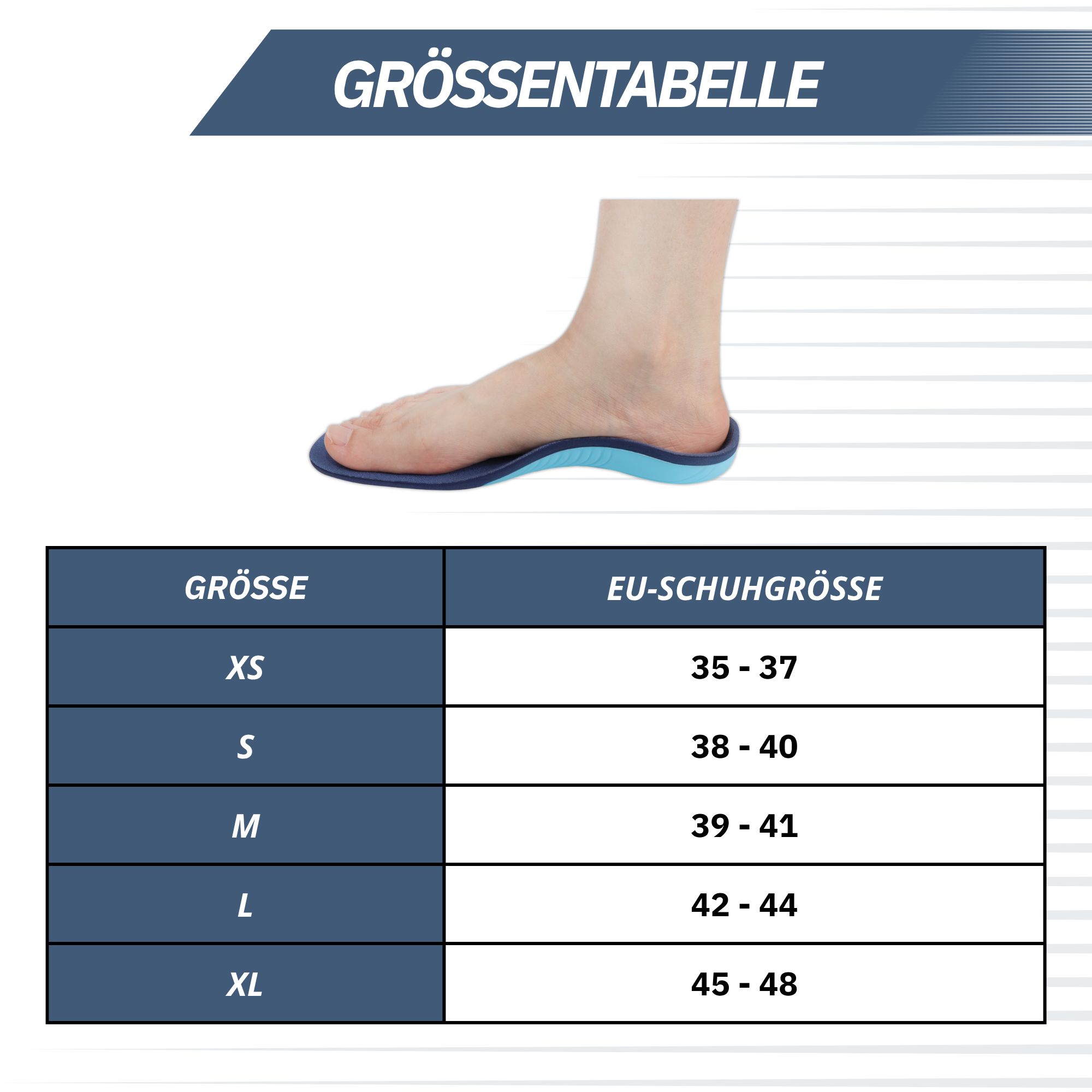 Größentabelle für Einlegesohlen: XS (35-37) bis XL (45-48). Fuß mit Einlegesohle zur Größenorientierung.