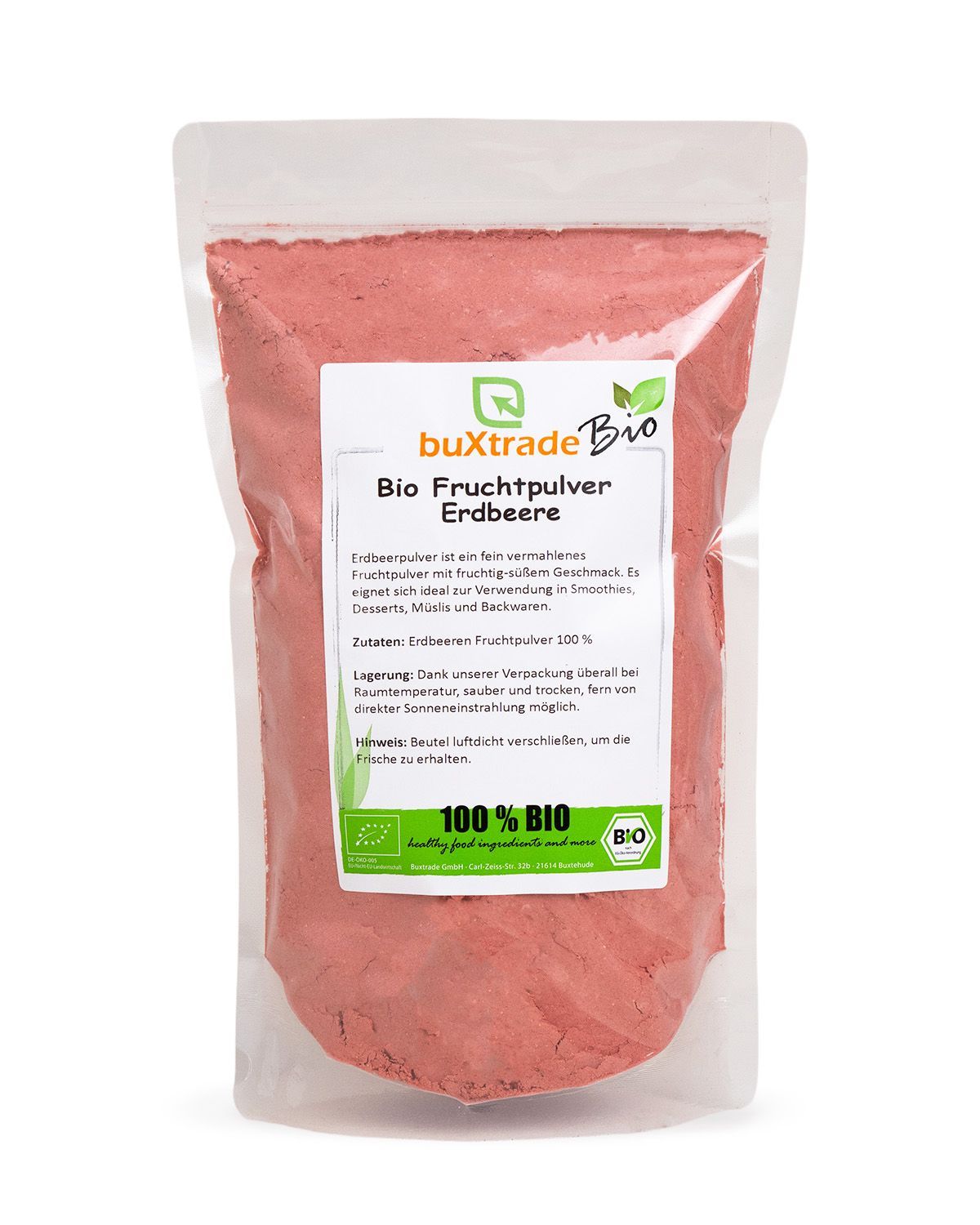 Standbodenbeutel mit buXtrade Bio Erdbeerpulver, Etikett mit Bio-Siegel und Text.