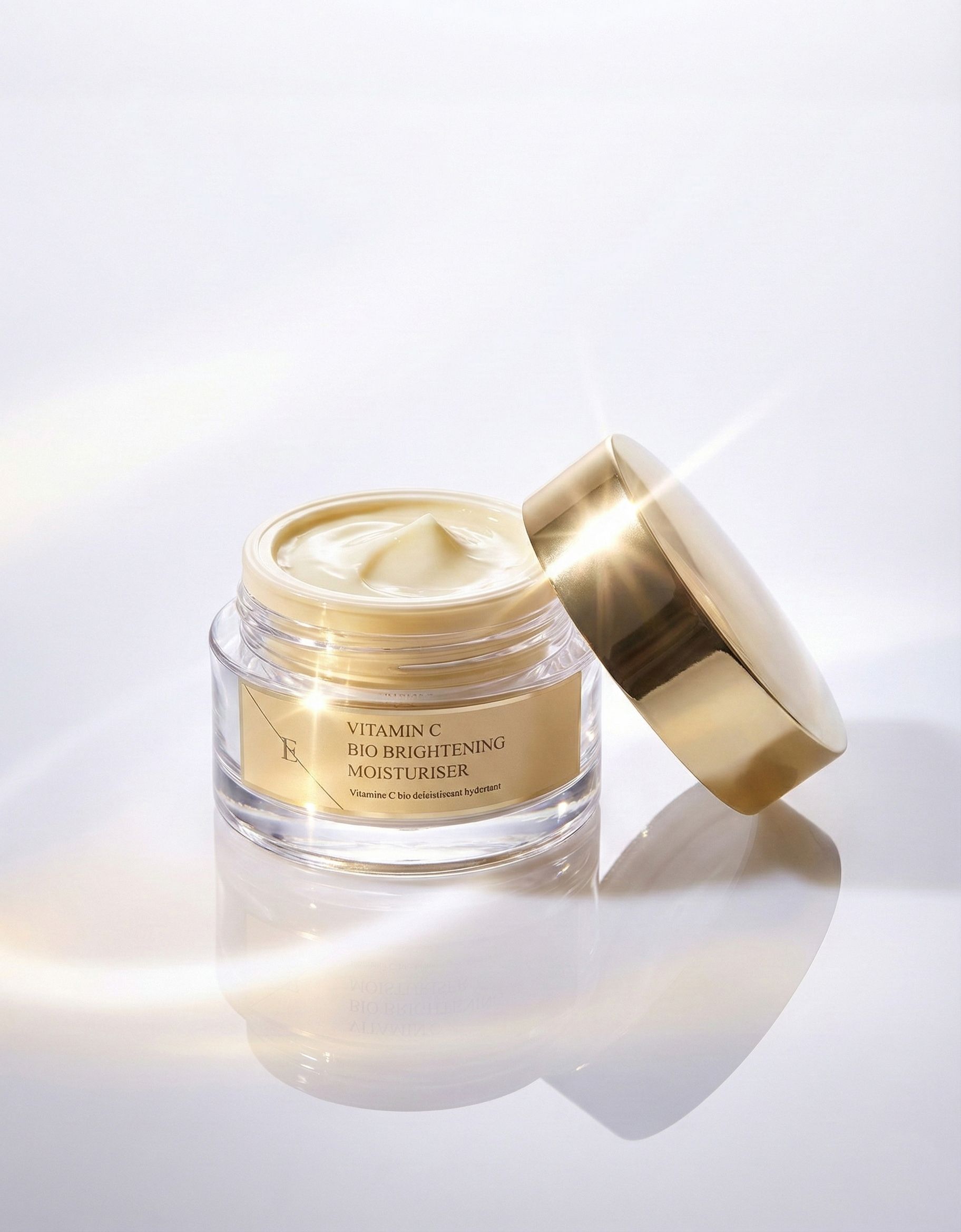Geöffneter Glasbehälter mit goldfarbenem Deckel. Etikett mit Text: Vitamin C Bio Brightening Moisturiser. Marke: E.