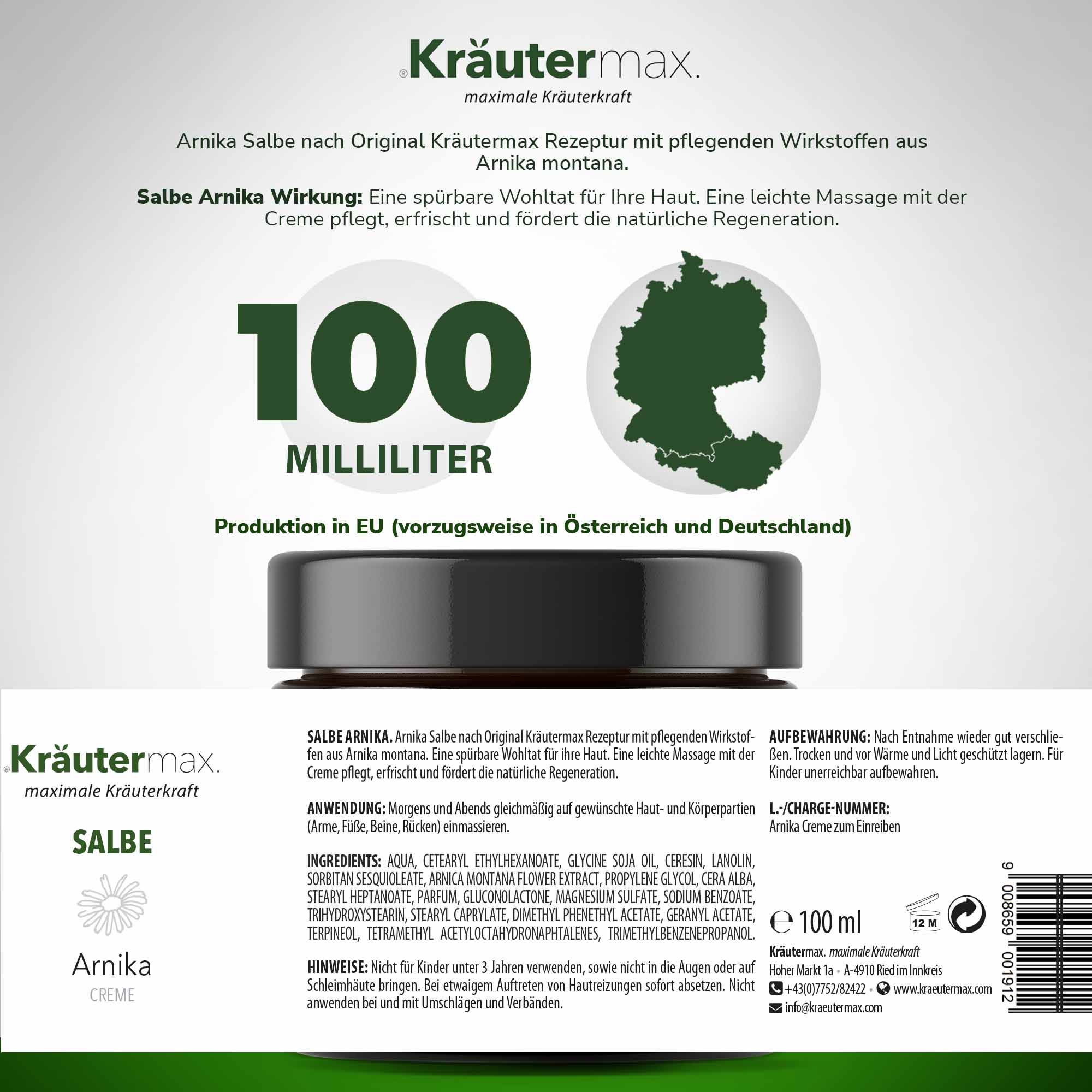 Braune Salbentiegel mit schwarzem Deckel. Aufschrift: Kräutermax Salbe Arnika. 100 Milliliter. Text auf Deutsch.