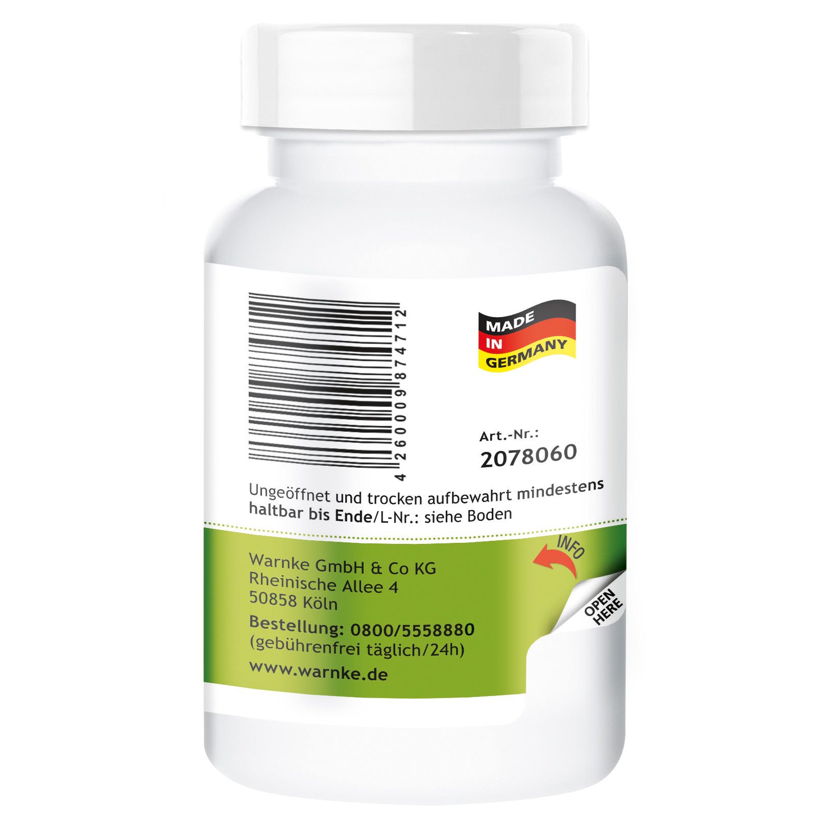 Rückseite der Tablettenflasche. "Made in Germany"-Siegel. Artikelnummer. Warnke GmbH & Co KG. Mindesthaltbarkeit. Info-Etikett.