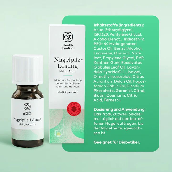 Produktflasche und Schachtel. Text: Inhaltsstoffe und Anwendung. Geeignet für Diabetiker. Grüner Hintergrund.