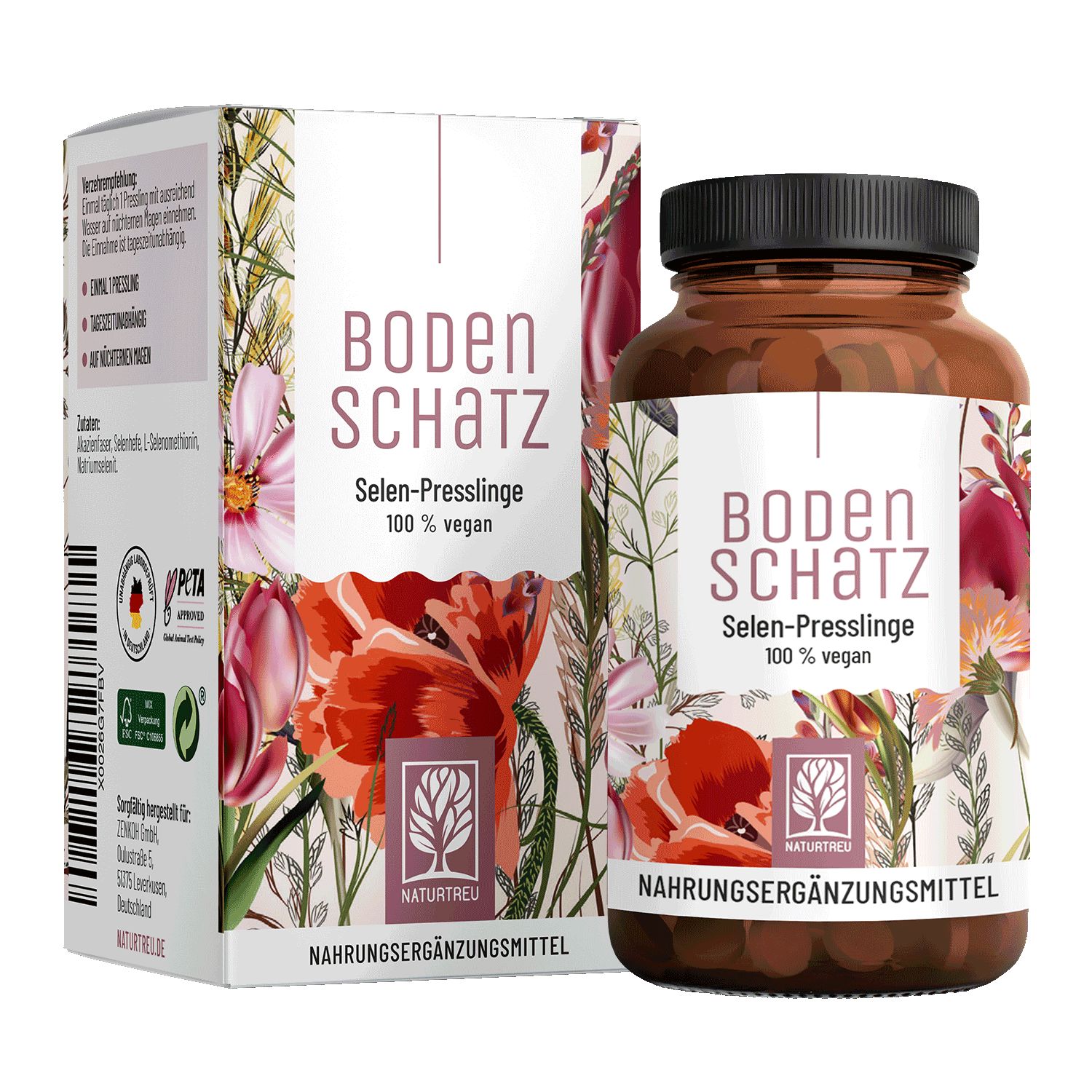 Braune Glasflasche und Karton mit floralem Design. Aufschrift: BODENSCHATZ, Selen-Presslinge, NATURTREU®. PETA-Logo.