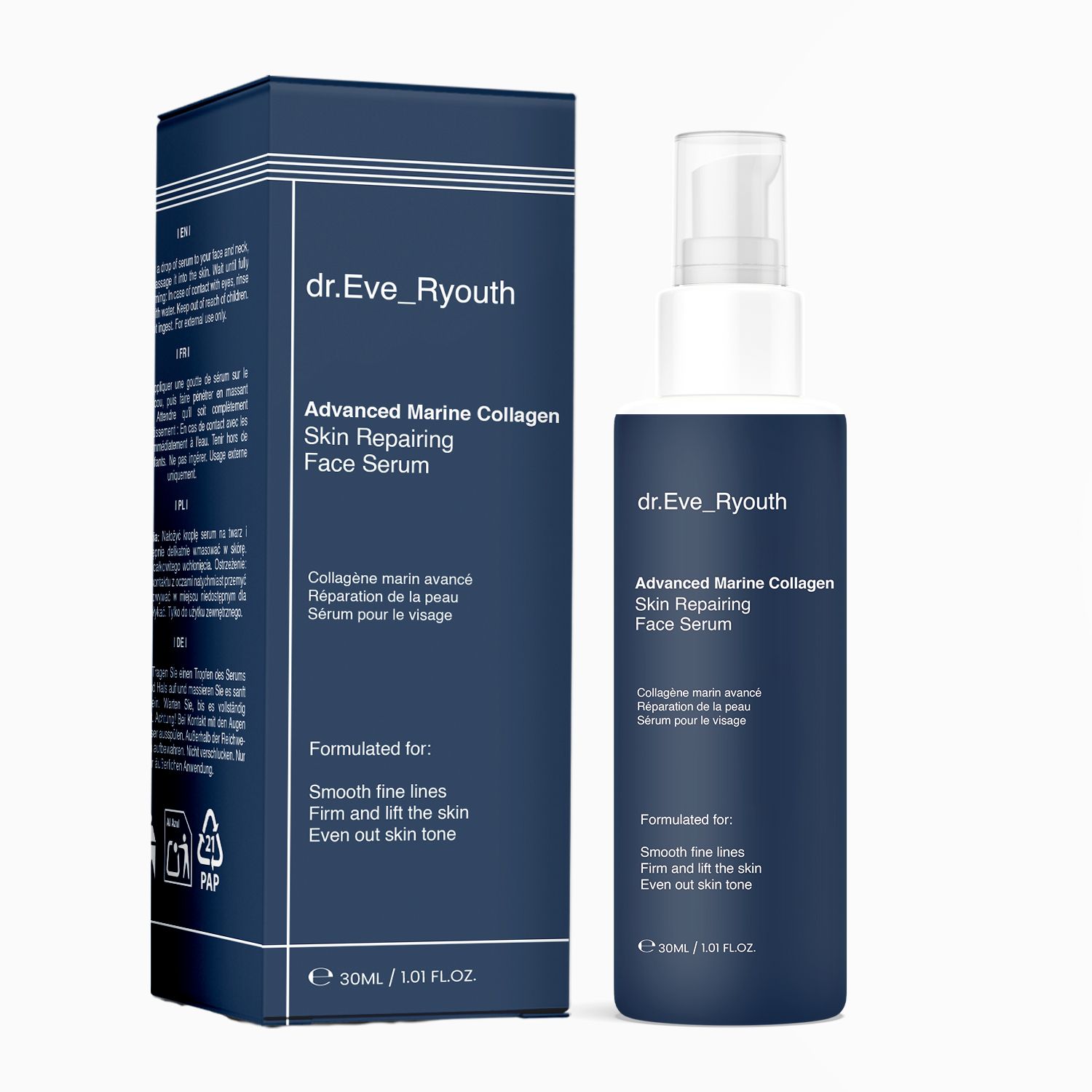 Gesichtsreparaturserumflasche und Verpackungsbox, 30ml.