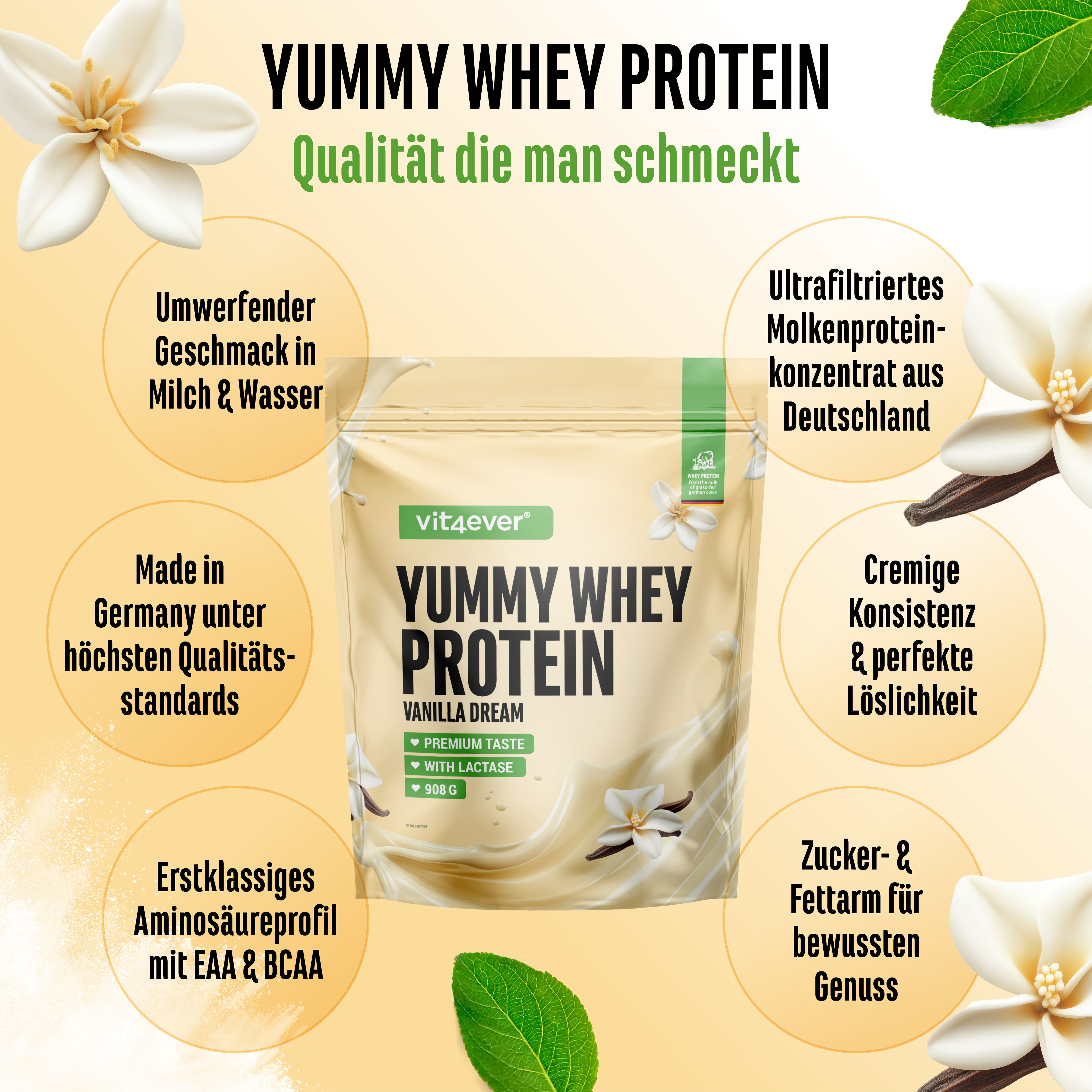 Yummy Whey Protein, Vanille Dream. Text mit Informationen. Mit Blüten und Vanilleschoten dekoriert.