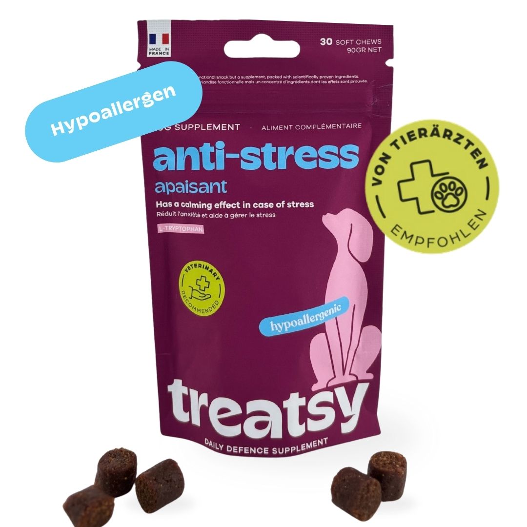 Beutel mit Anti-Stress-Ergänzungsfuttermittel für Hunde. Hypoallergen. Empfohlen von Tierärzten.