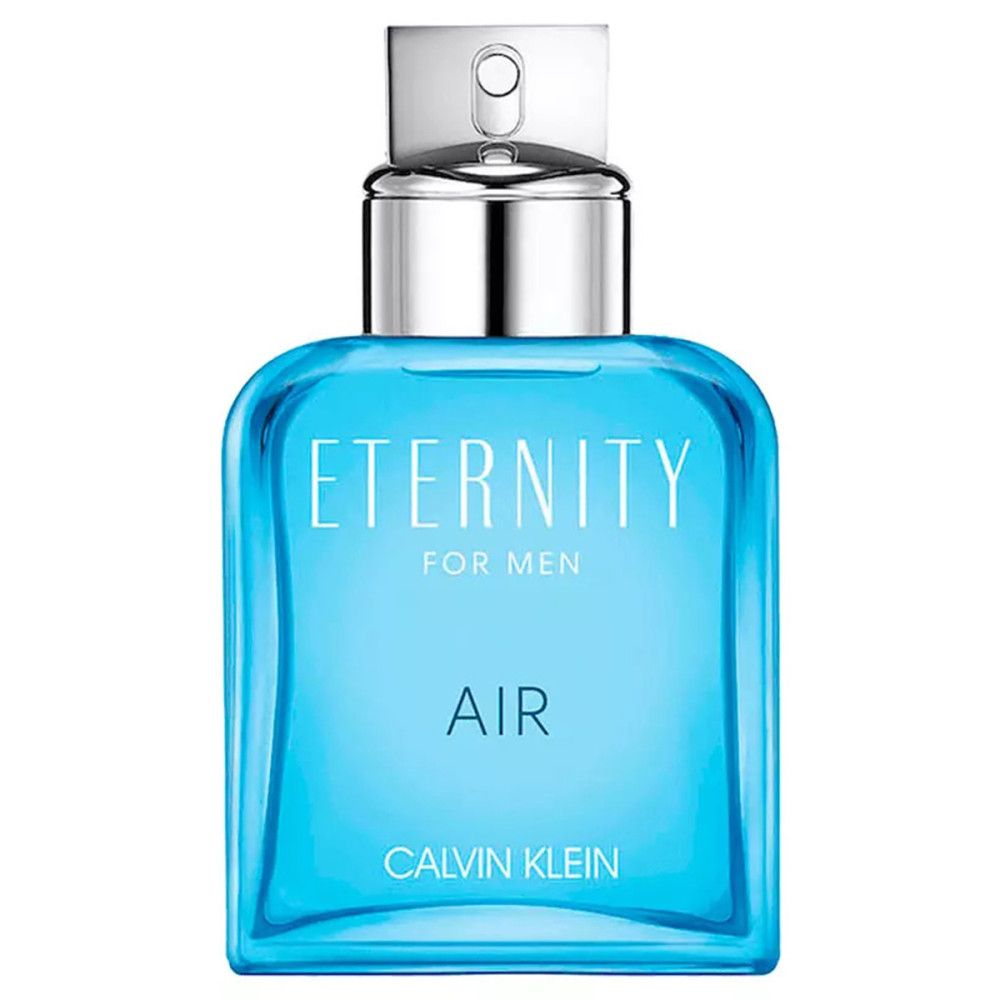 Calvin Klein Eternity Air for Men Eau de Toilette Flakon, blau, rechteckig, mit silbernem Zerstäuber.