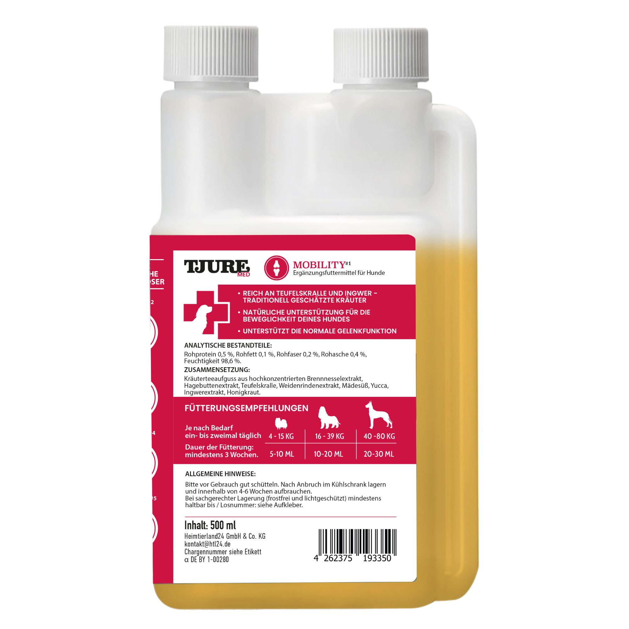 Doppelflasche mit gelber Flüssigkeit. Rotes Etikett mit Produktinformationen. Schriftzug: TJURE, MOBILITY #1, Inhaltsstoffe, Fütterungsempfehlungen.