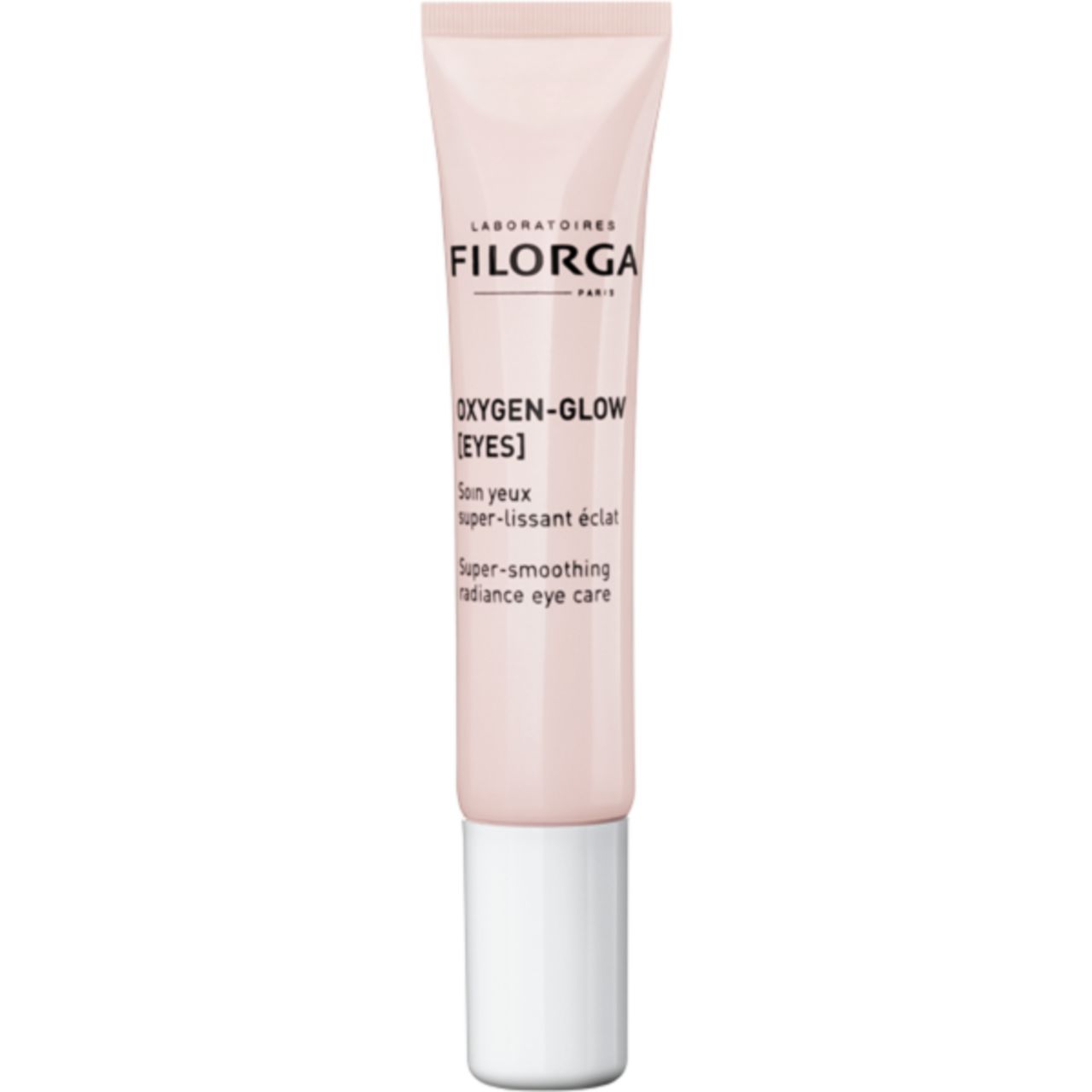 Rosa Tube mit weißem Deckel. Aufschrift: FILORGA, OXYGEN-GLOW [EYES], Super-smoothing radiance eye care.