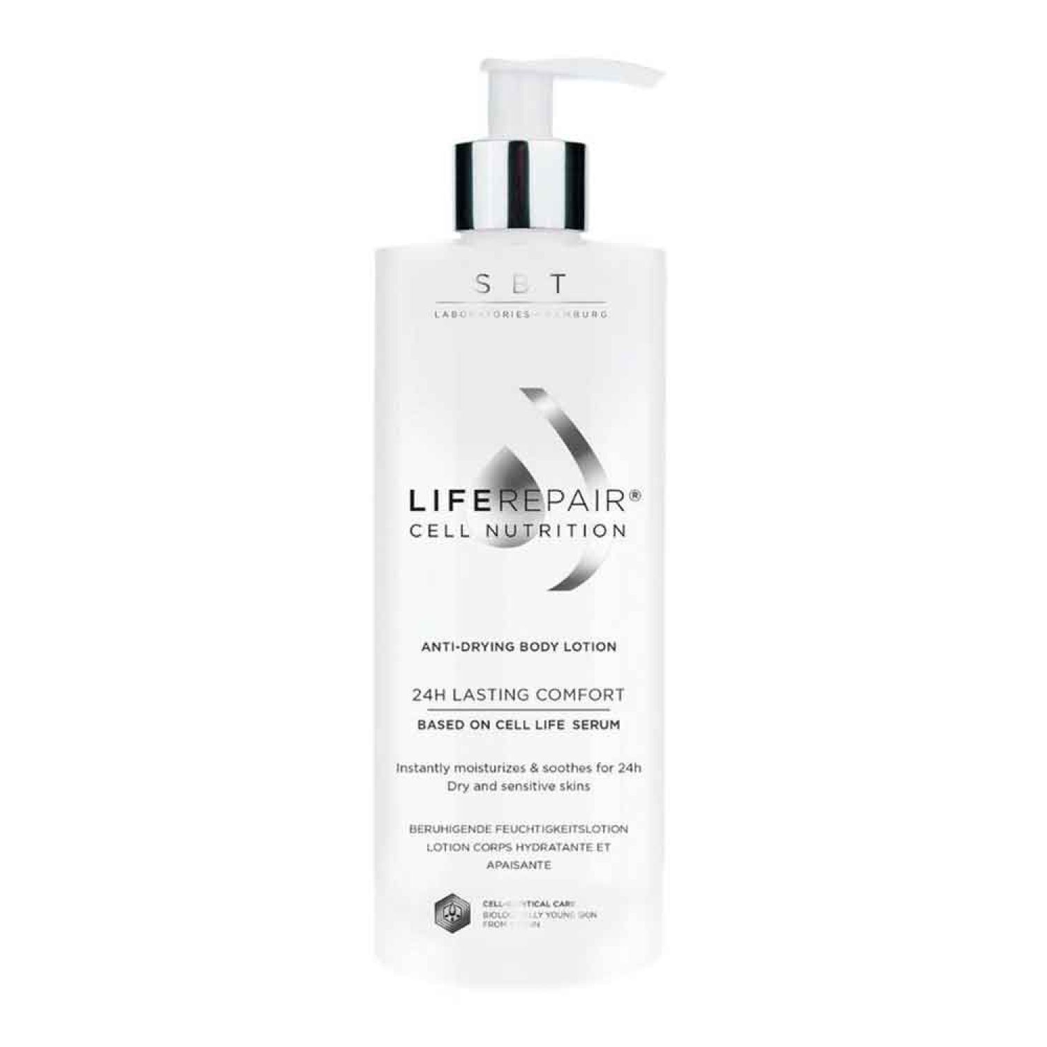 Weiße Flasche mit Pumpe. Aufschrift: LIFE REPAIR CELL NUTRITION. Anti-Drying Body Lotion. 24h lasting comfort. Für trockene und sensible Haut.