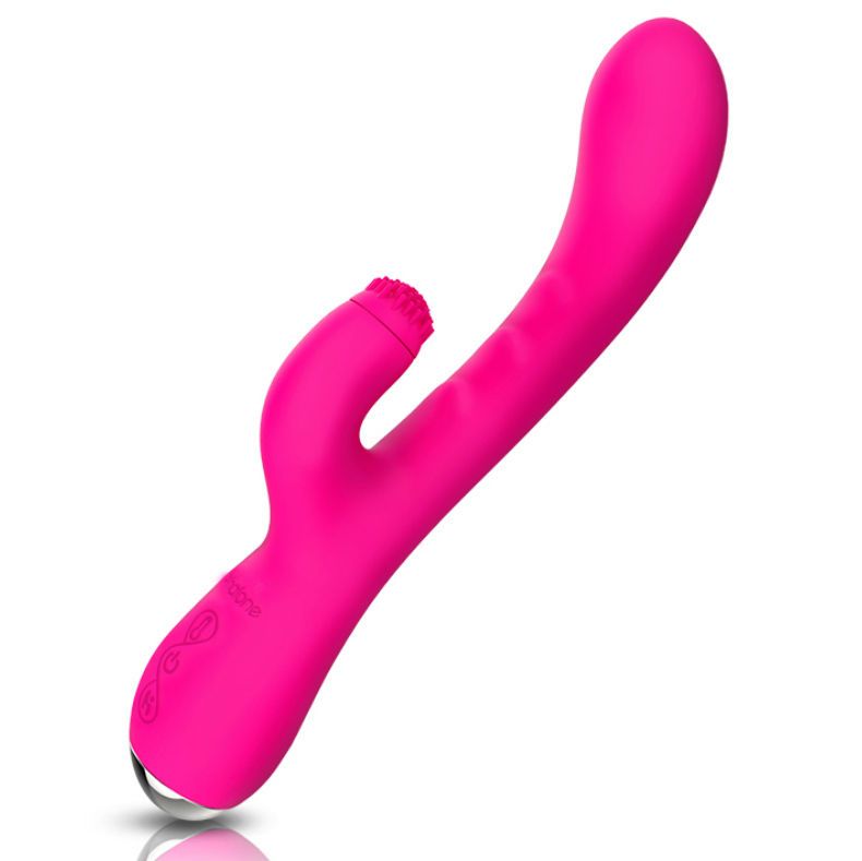 Pinkfarbener Vibrator mit Heizfunktion. Gebogene Form mit geriffelter Spitze und Metallspitze. Marke: Vicone.