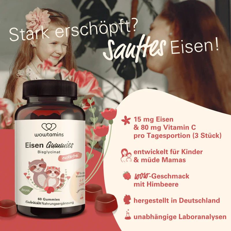 Flasche WOWTAMINS Eisen Gummibärchen, zuckerfrei, 60 Stück, mit Waschbären-Motiv und Blumen.