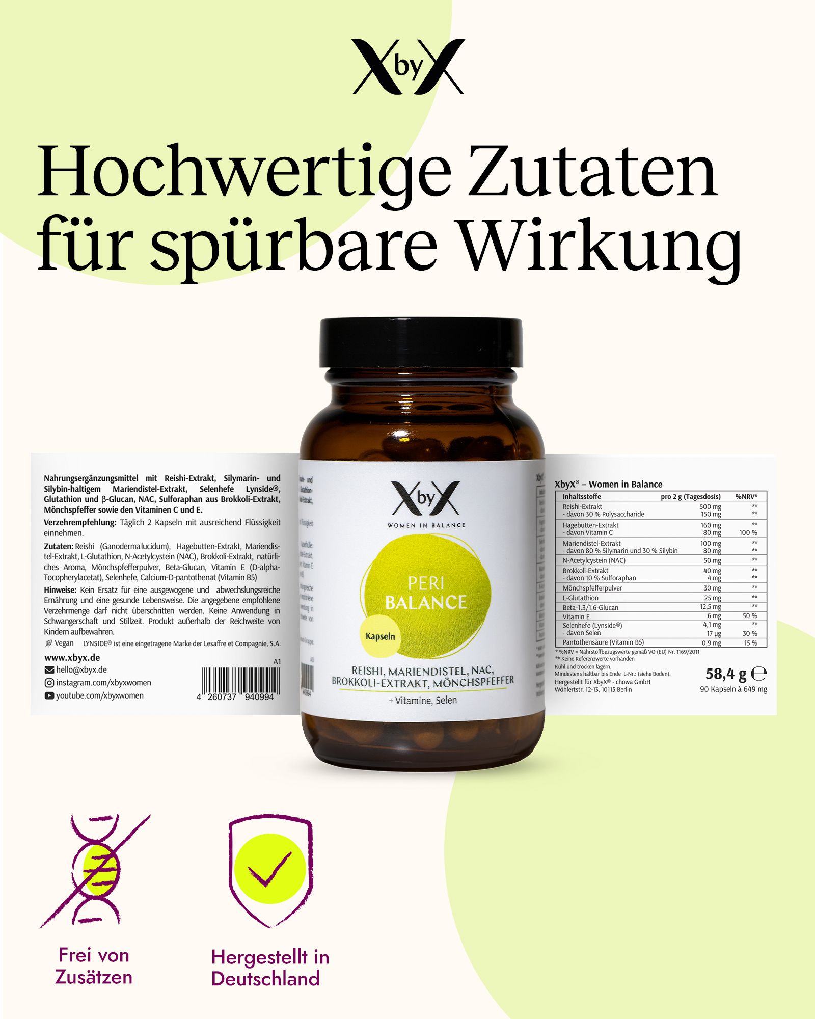 XbyX Peri Balance Kapseln Flasche mit detaillierten Nährwertangaben und Siegeln 'Frei von Zusätzen', 'Hergestellt in Deutschland'.