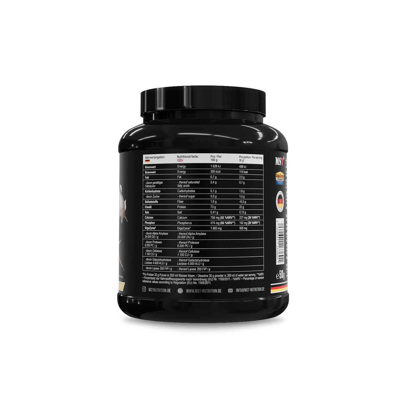 Rückseite der schwarzen Dose MST Best Whey Protein. Nährwertangaben und Inhaltsstoffe sind aufgedruckt.