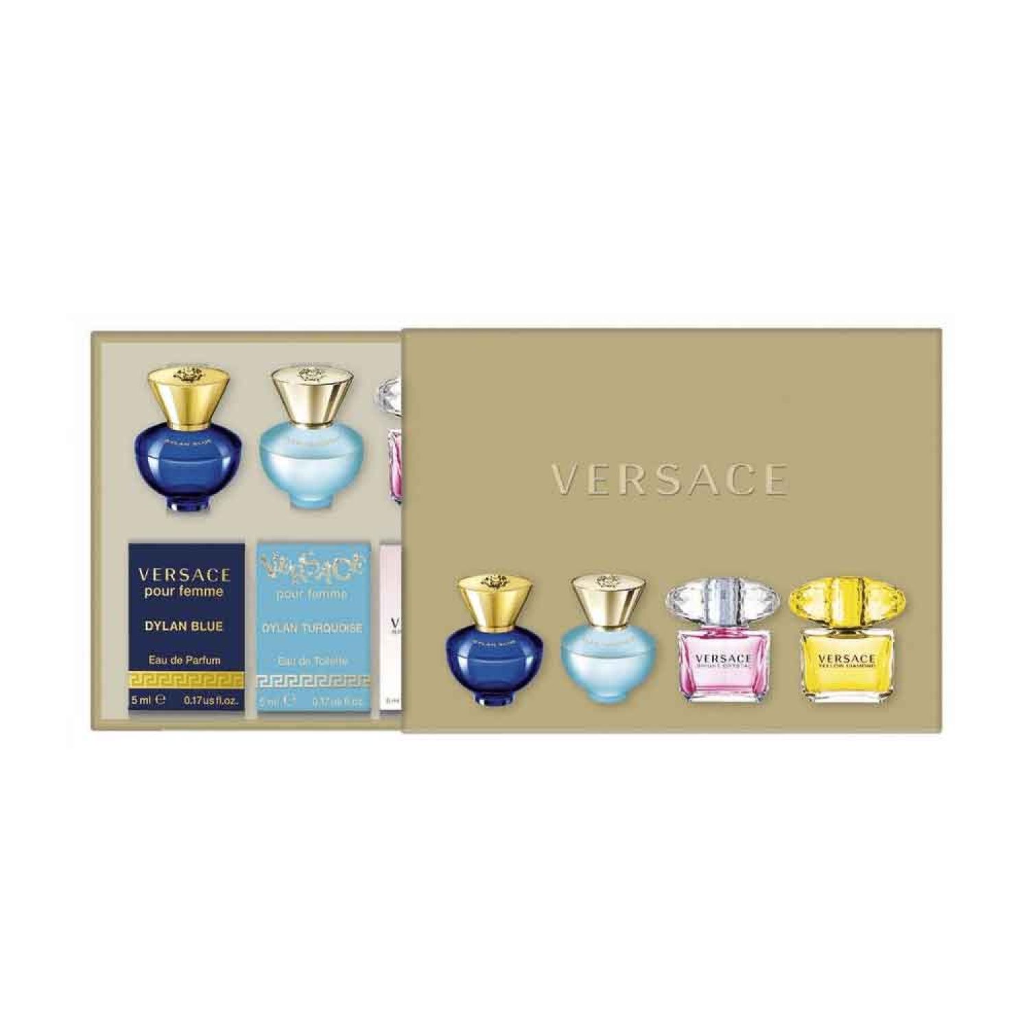 Versace Miniaturen Set. Goldfarbene Verpackung mit sechs Miniatur-Parfümflakons. Marke Versace.