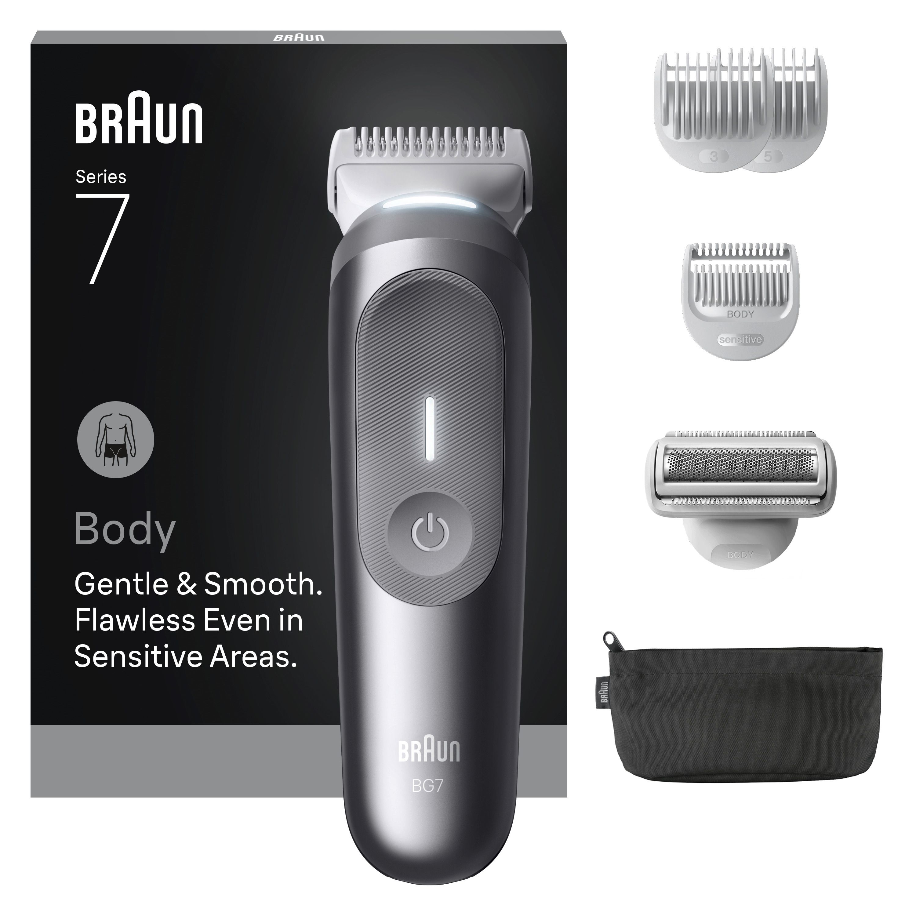 Braun BodyGroomer Series 7 mit Verpackung, Trimmer, Scherkopf, 2 Aufsätzen und Tasche.