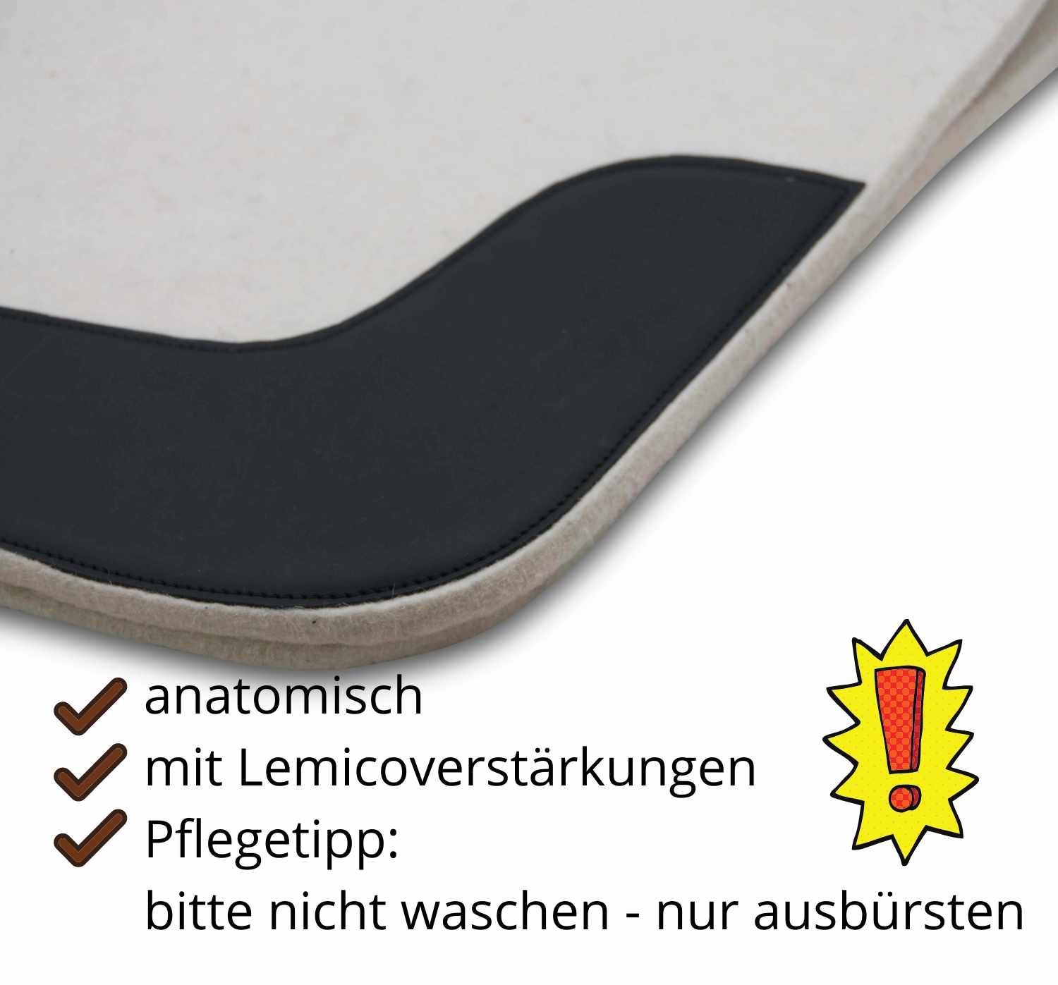 Filzschabracke, Detail. Text: anatomisch, mit Lemicoverstärkungen. Pflegehinweis: nicht waschen, nur ausbürsten.