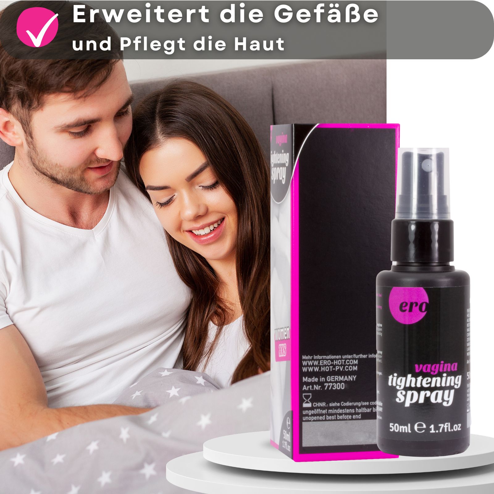 Schwarze Sprühflasche und Verpackung. Paar im Bett. Text mit Produktvorteilen.