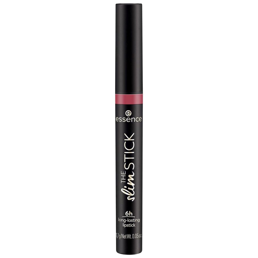 Essence The Slim Stick Lippenstift. Schwarze Hülse, rosa Lippenstift. Aufschrift: 6h long-lasting lipstick. Marke Essence.