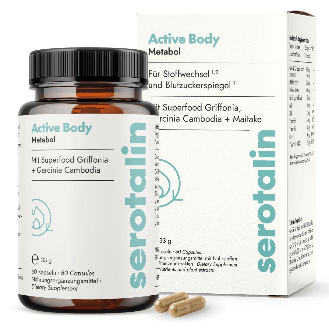 Braune Kapseln und Flasche mit schwarzem Deckel. Aufschrift: serotalin Active Body Metabol. Mit Garcinia Cambogia und grünem Kaffee.