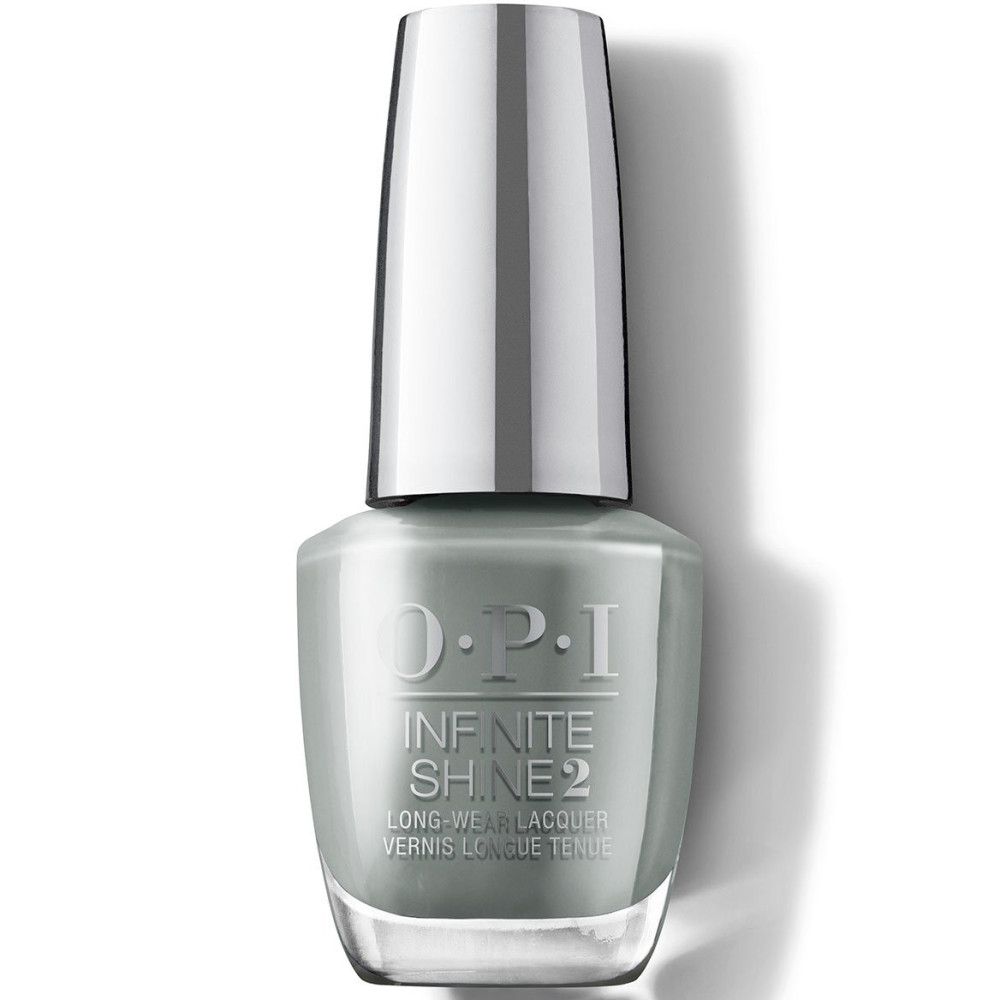 OPI Nagellack-Fläschchen. Graue Farbe, silberner Deckel. Schriftzug 'Infinite Shine'.