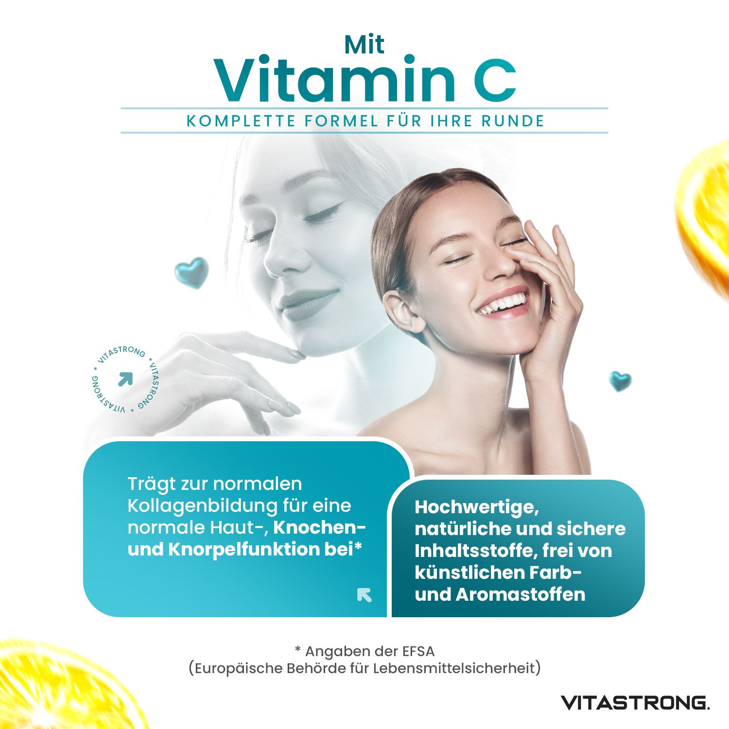 Frau mit Zitrone. Marine Collagen Typ I & II. Vitamin C. Für Haut, Knochen und Knorpel.