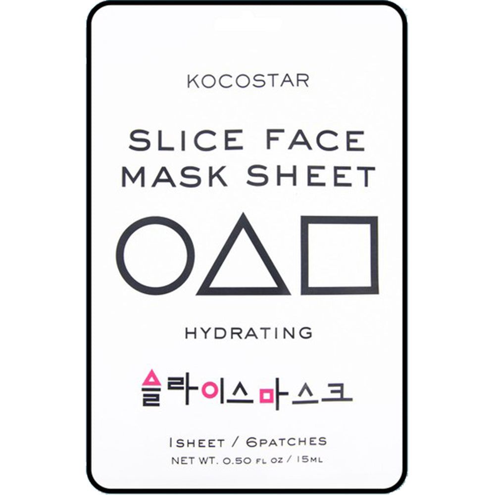 Verpackung mit KOCOSTAR-Gesichtsmaske. Schwarze Umrandung, weißer Hintergrund. Text: Slice Face Mask Sheet, Hydrating, koreanischer Text, 6 Patches.