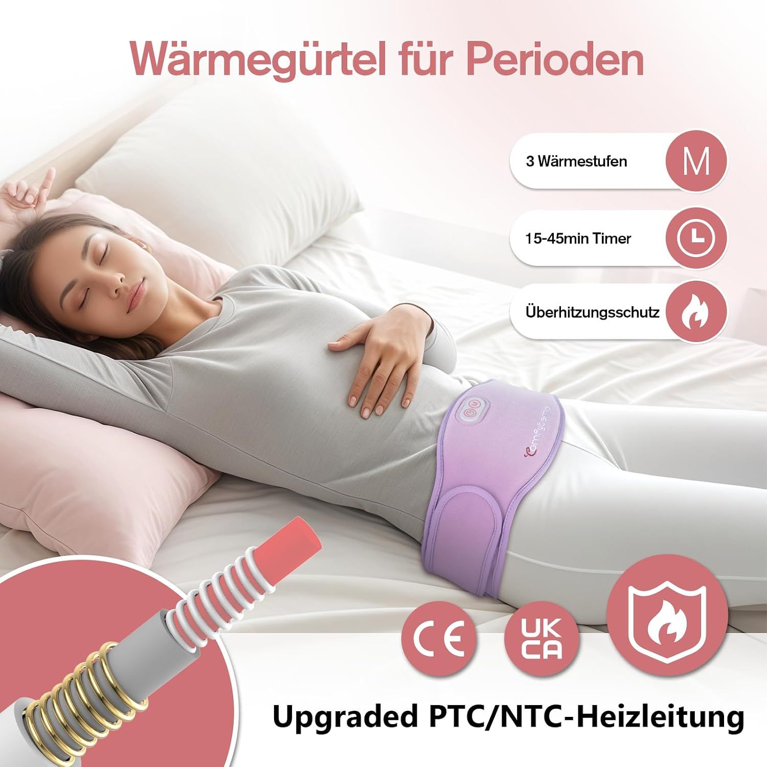 Frau mit Heizgürtel für Periodenschmerzen. 3 Stufen, 15-45min Timer, Überhitzungsschutz. CE/UKCA Zeichen.