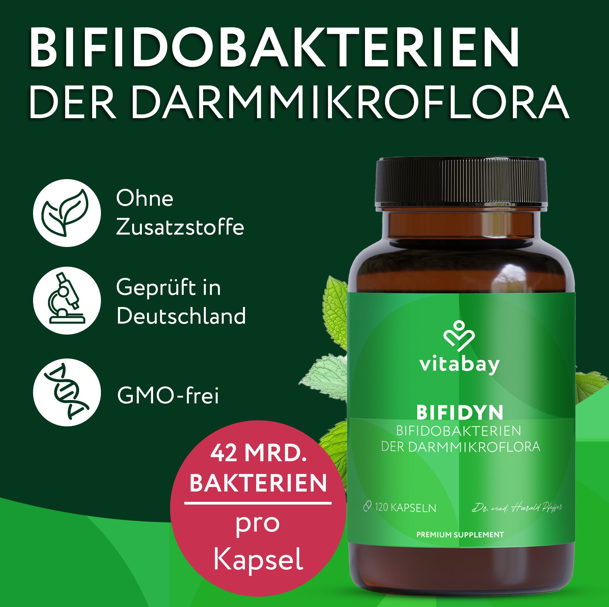 Braune Flasche mit grüner Beschriftung. Text: Bifidobakterien der Darmmikroflora, 42 Mrd. Bakterien pro Kapsel. Vitabay Logo.