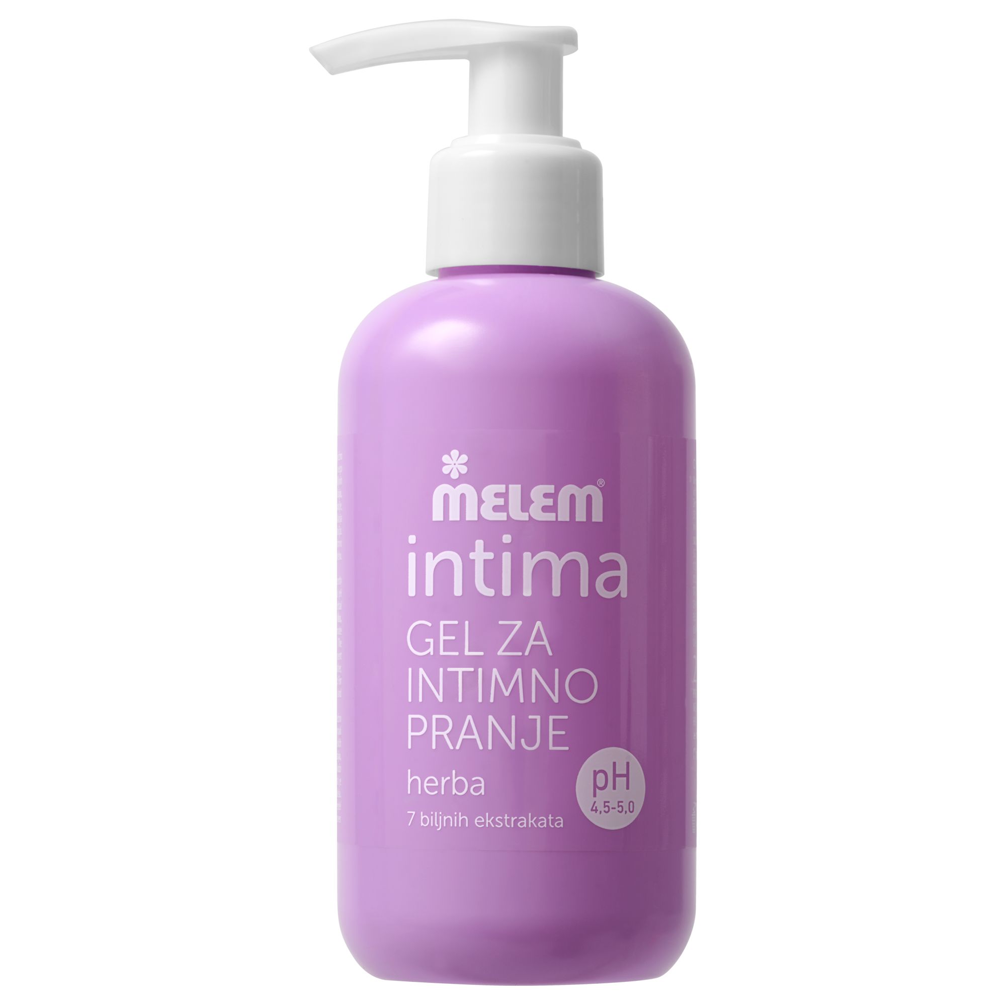 Lila Flasche mit weißem Pumpkopf. Aufschrift: Melem intima, Gel za intimno pranje, herba, pH 4.5-5.0.