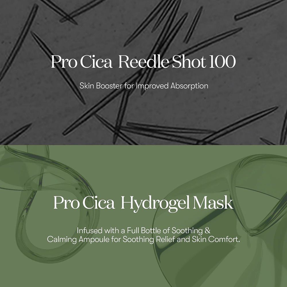 Zwei Bereiche mit Text. Oben: Pro Cica Reedle Shot 100. Unten: Pro Cica Hydrogel Maske. Hintergrund: Grau und Grün.