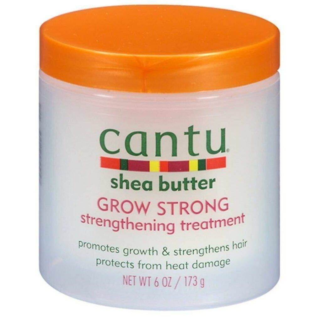 Cantu Shea Butter Grow Strong Treatment. Weißes Gefäß mit orangefarbenem Deckel. Text: Grow Strong, Shea Butter, 173g.
