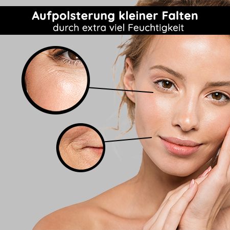Frau mit Gesichtsfalten. Vergrößerte Ansichten von Augen- und Mundpartie mit Falten.