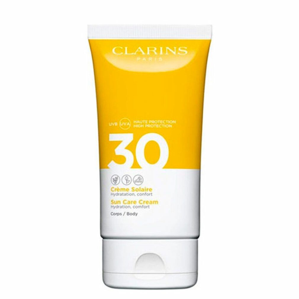 Sonnencreme-Tube, gelb-weiß. Aufschrift: Clarins, UVA/UVB 30, Crème Solaire, Sun Care Cream. Für Körper.