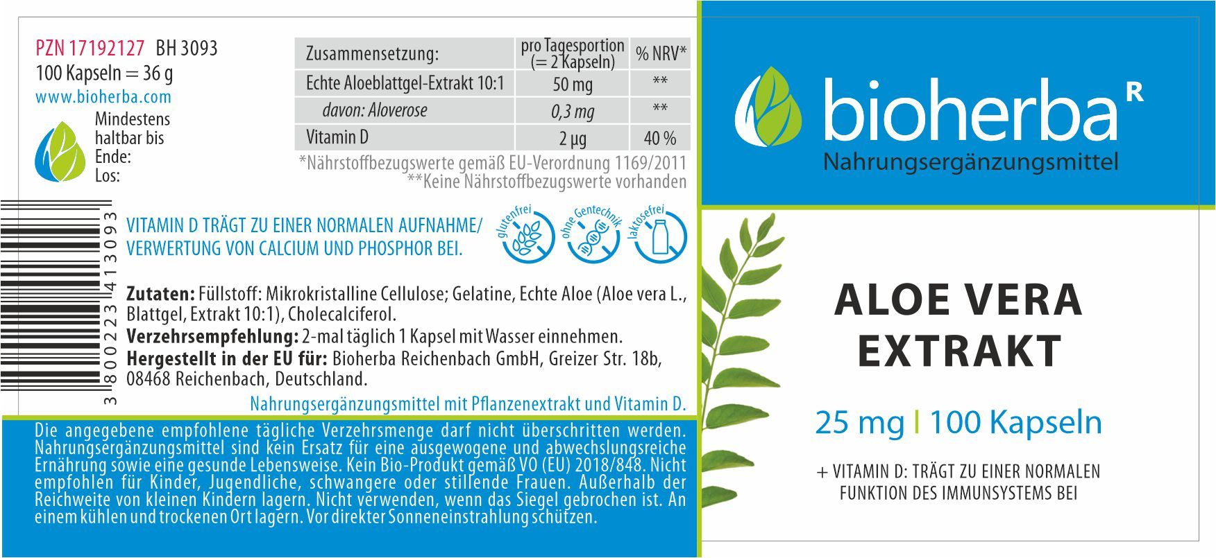 Etikett mit "bioherba" Logo, "Aloe Vera Extrakt", 25 mg, 100 Kapseln. Enthält Informationen zu Inhaltsstoffen und Dosierung.