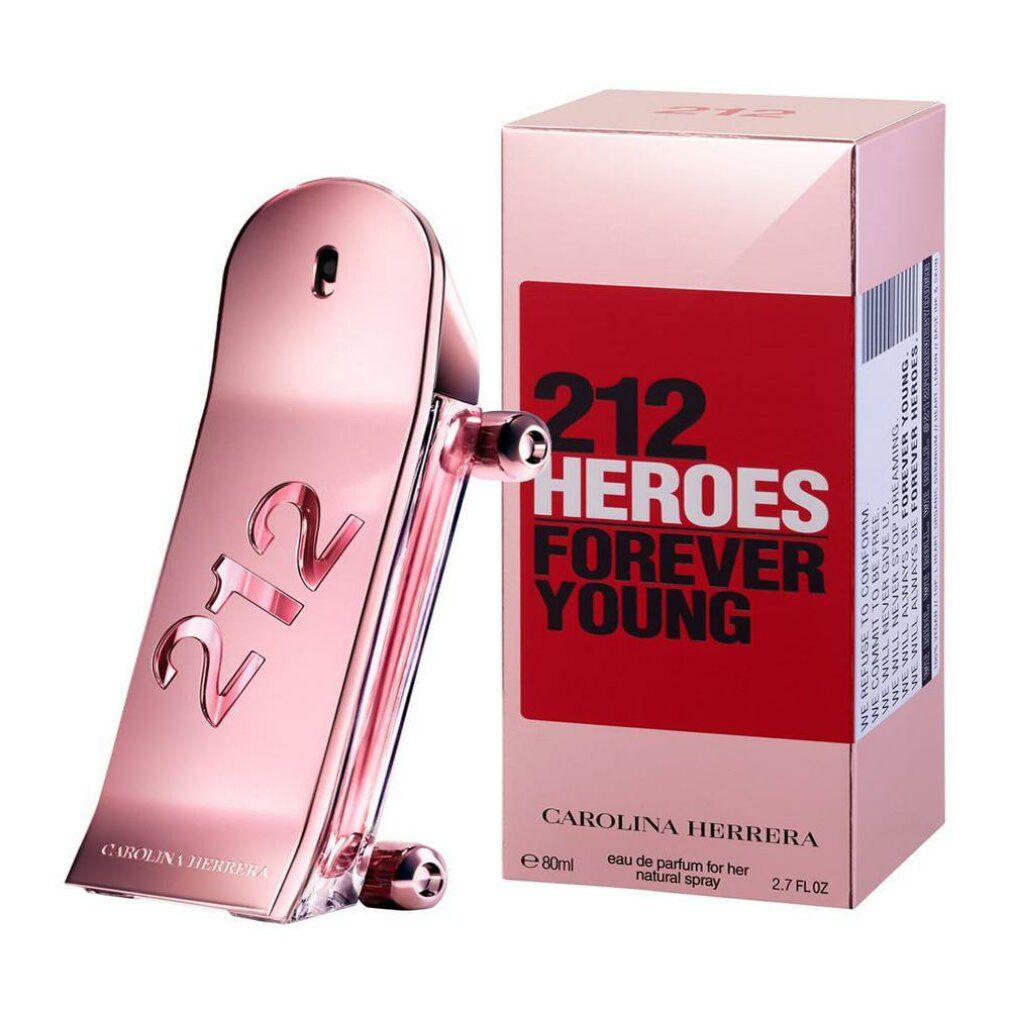 Rosafarbener Flakon in Skateboard-Form und rosa Verpackung. Aufschrift: 212 HEROES FOREVER YOUNG. Marke: CAROLINA HERRERA.