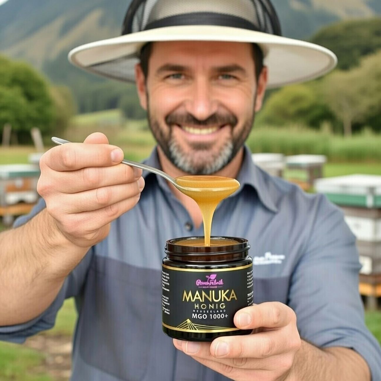 Mann hält ein Glas Manuka Honig und einen Löffel. Honig tropft vom Löffel. Auf dem Etikett: Manuka Honig MGO 1000+.