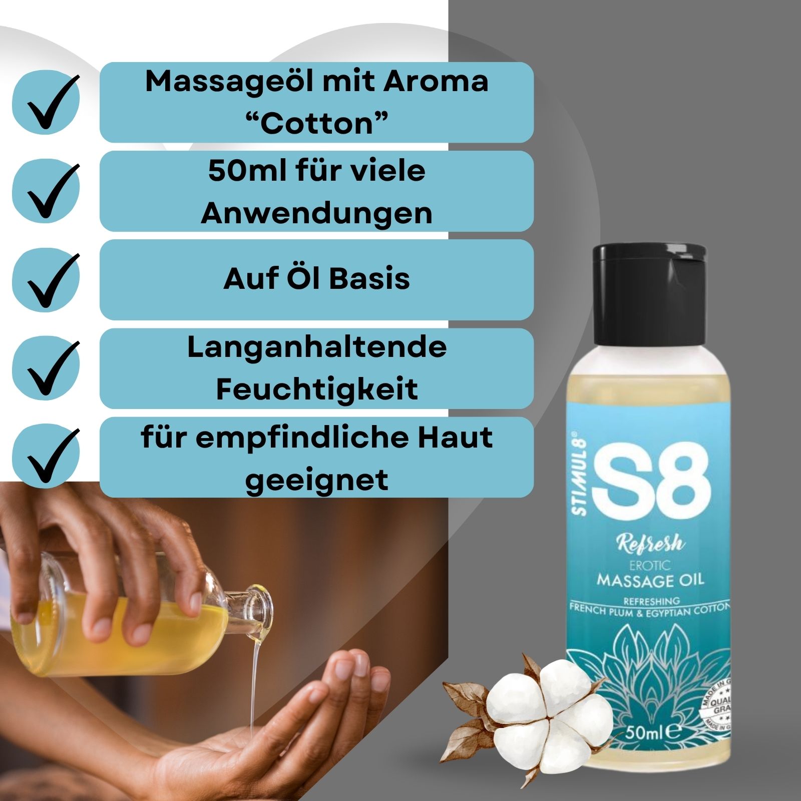 Massageöl mit Aroma Cotton. Flasche mit schwarzem Deckel. Text: S8, Refresh, 50ml. Baumwolle und Hände.