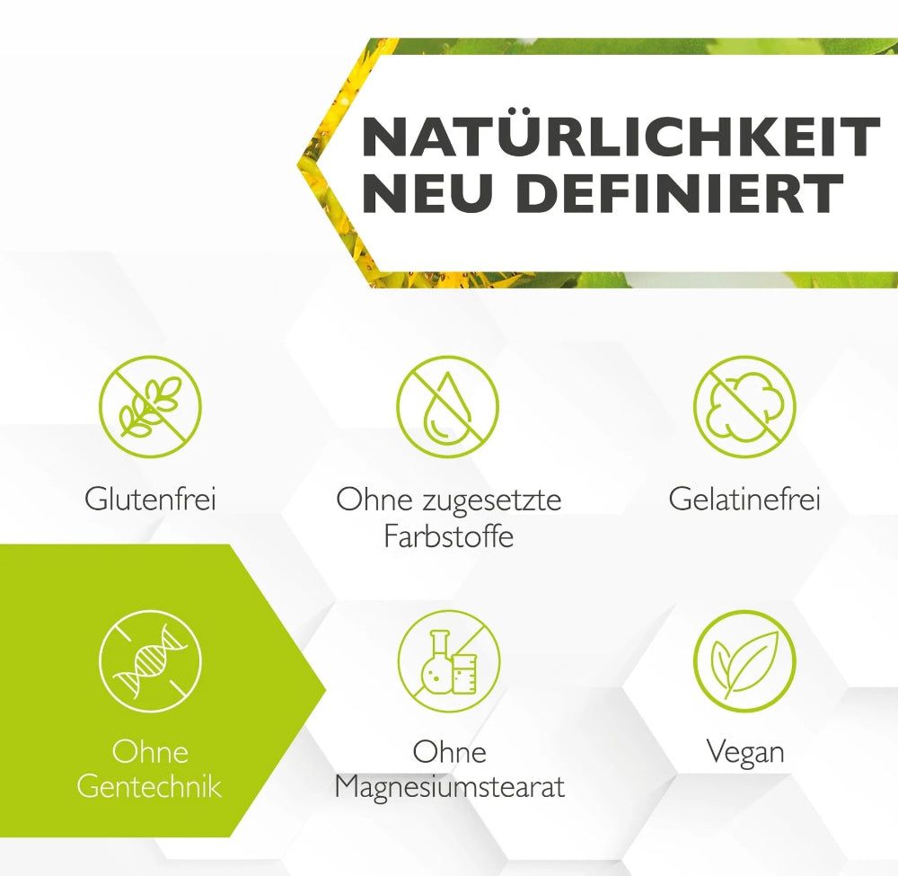 Text: Natürlichkeit neu definiert. Logos: Glutenfrei, Ohne Farbstoffe, Gelatinefrei, Ohne Gentechnik, Vegan.
