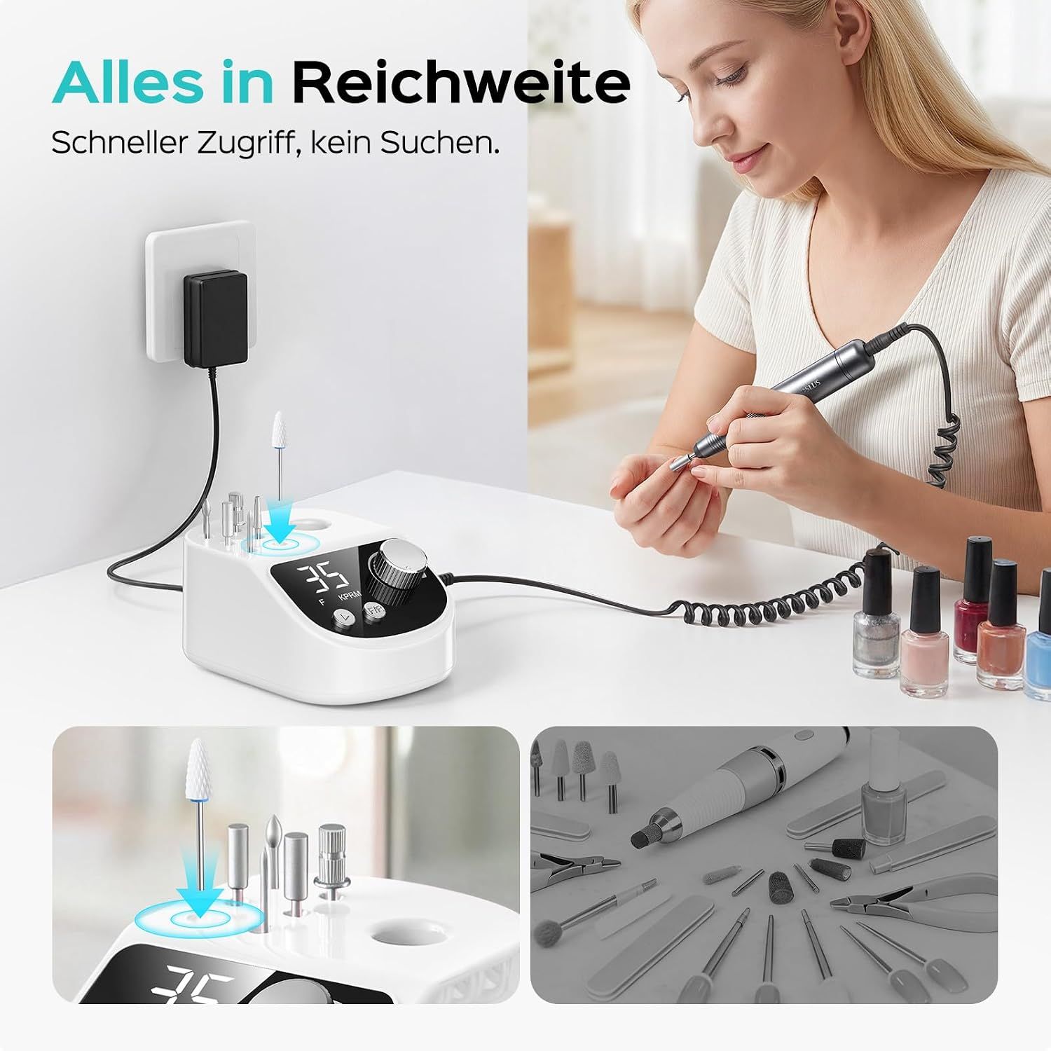 Frau benutzt elektrischen Nageltischbohrer. Zubehör und Nagellacke sind auf dem Tisch.
