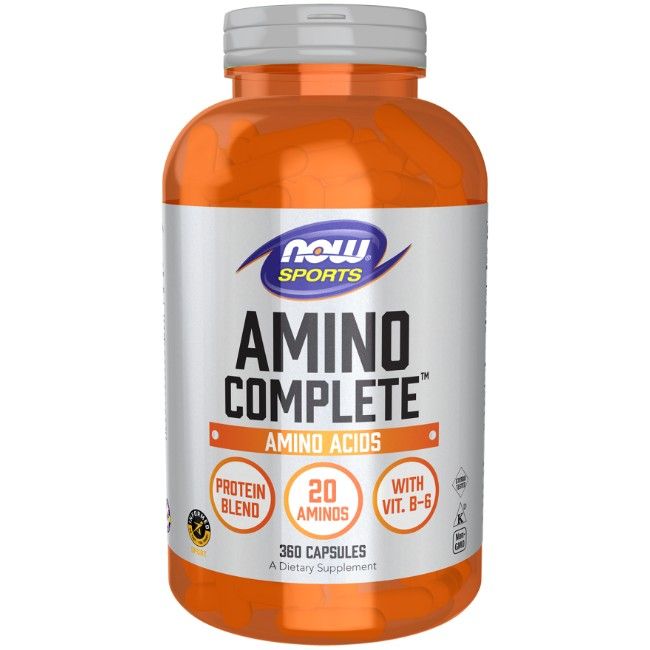 Orangefarbener Behälter mit „Now Sports Amino Complete“ und „Amino Acids“ Aufschrift. Enthält 360 Kapseln.