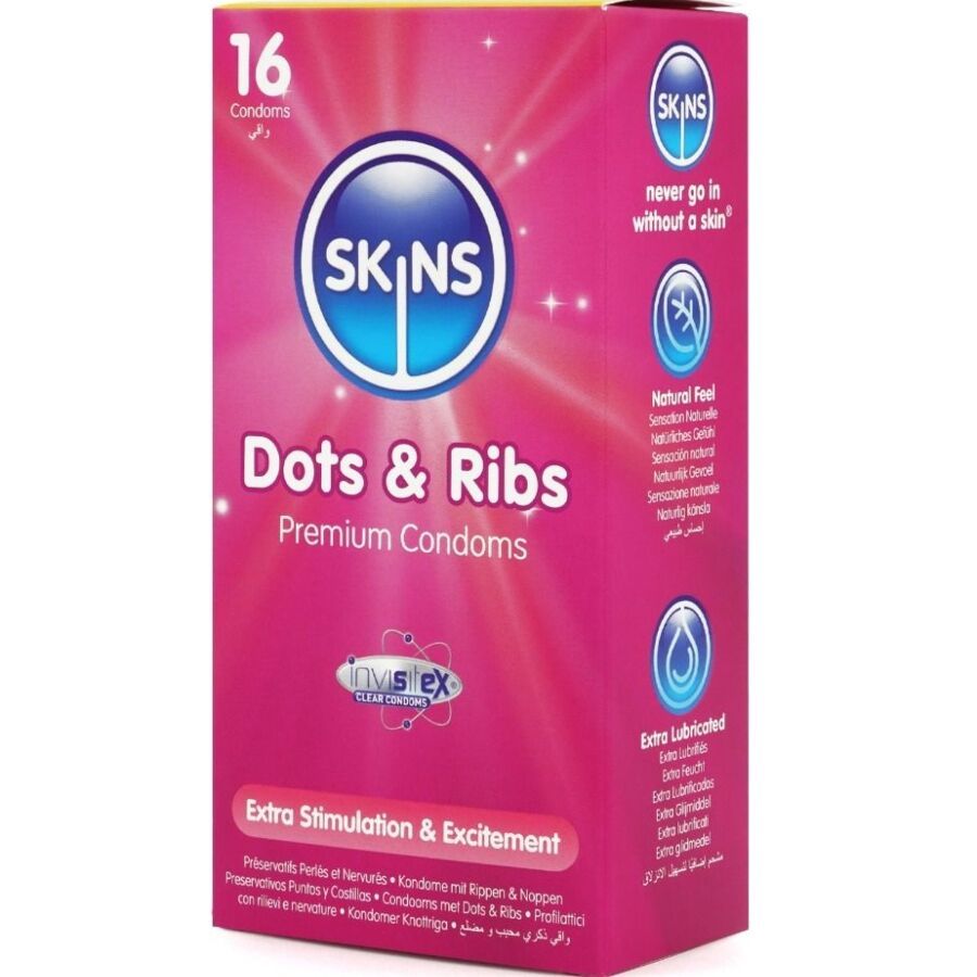 Rosa Verpackung mit SKINS Dots & Ribs Kondomen. 16 Stück. Inhaltsangaben und Logos.