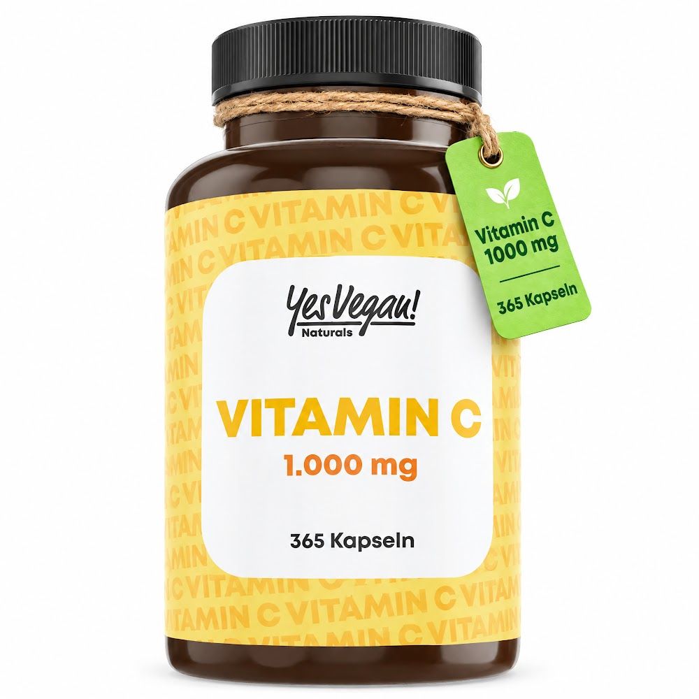 Braune Kapselglasflasche mit Vitamin C 1000 mg, 365 Kapseln. Marke: Yes Vegan! Naturals.