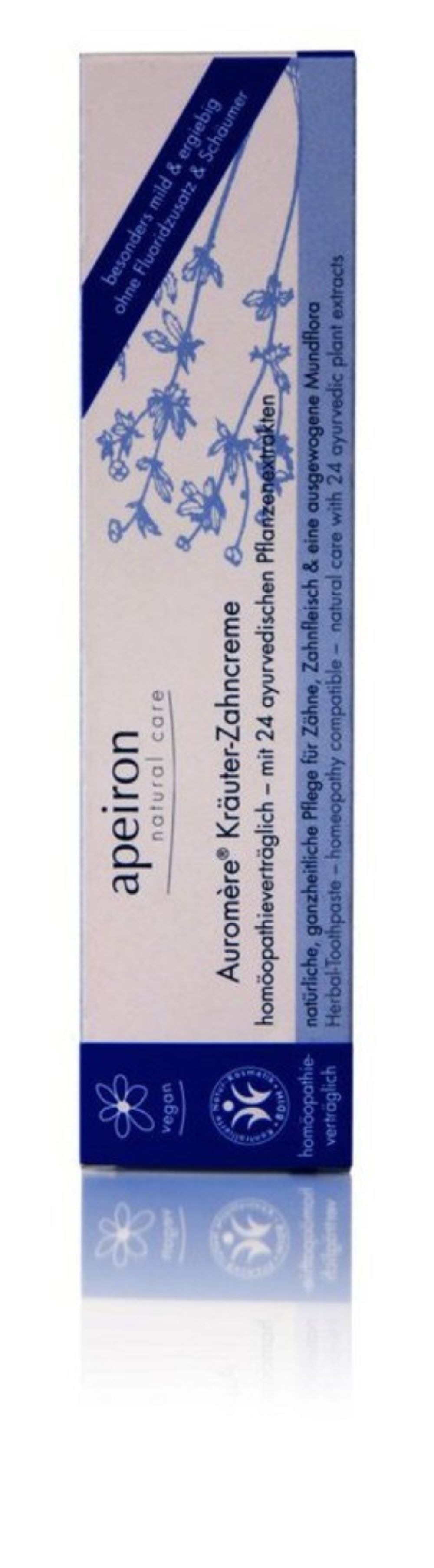 Zahncreme-Tube, weiß mit blauem Streifen. Aufschrift: Apeiron, Kräuter-Zahncreme, vegan, homöopathieverträglich.