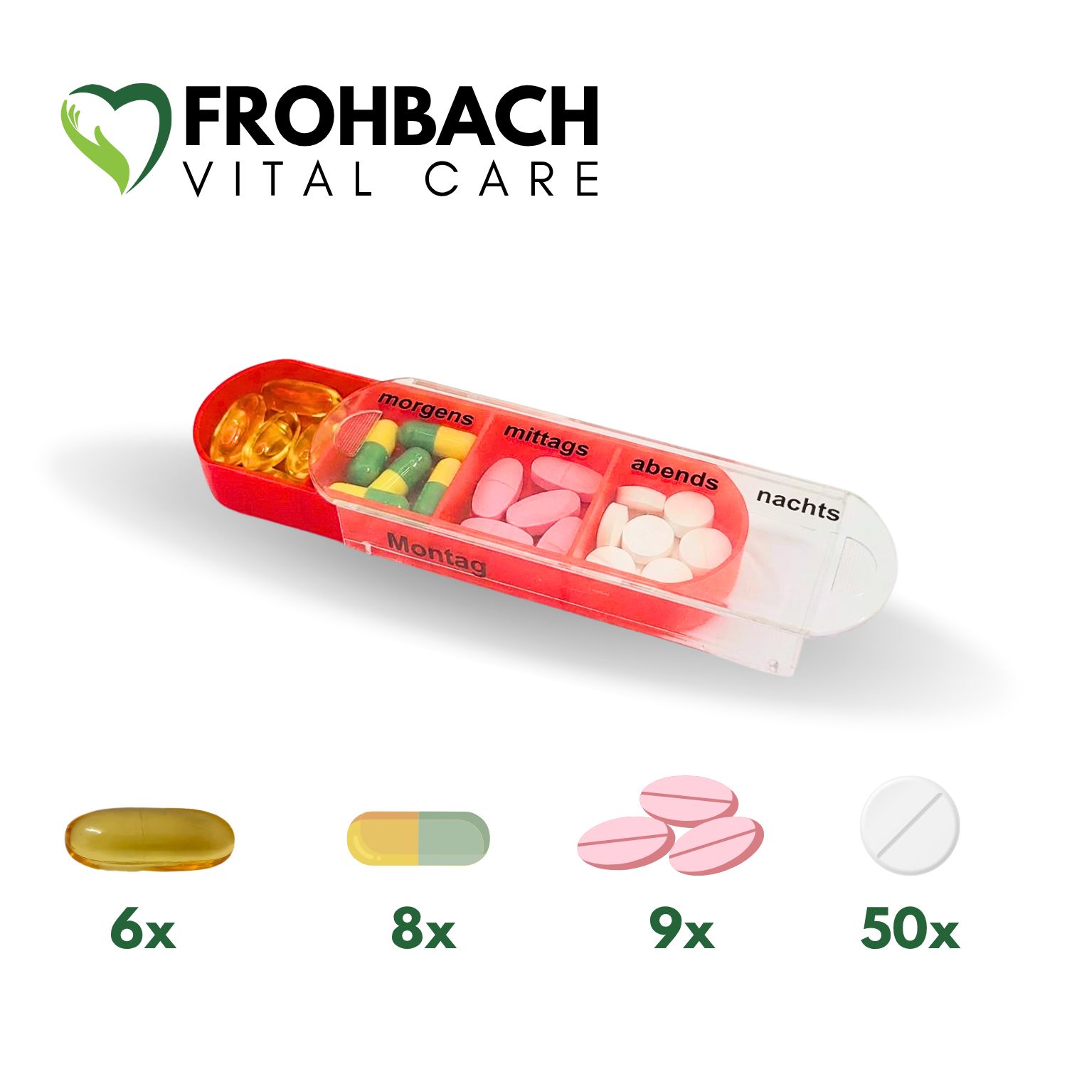 Tablettenbox mit rotem Deckel, gefüllt mit Tabletten. Verschiedene Formen und Farben. Für Medikamente.