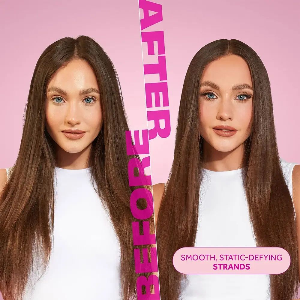 Vorher-Nachher-Vergleich: Frau mit glattem Haar. Links: Vorher. Rechts: Nachher. Text: Glatte, statikfreie Strähnen.
