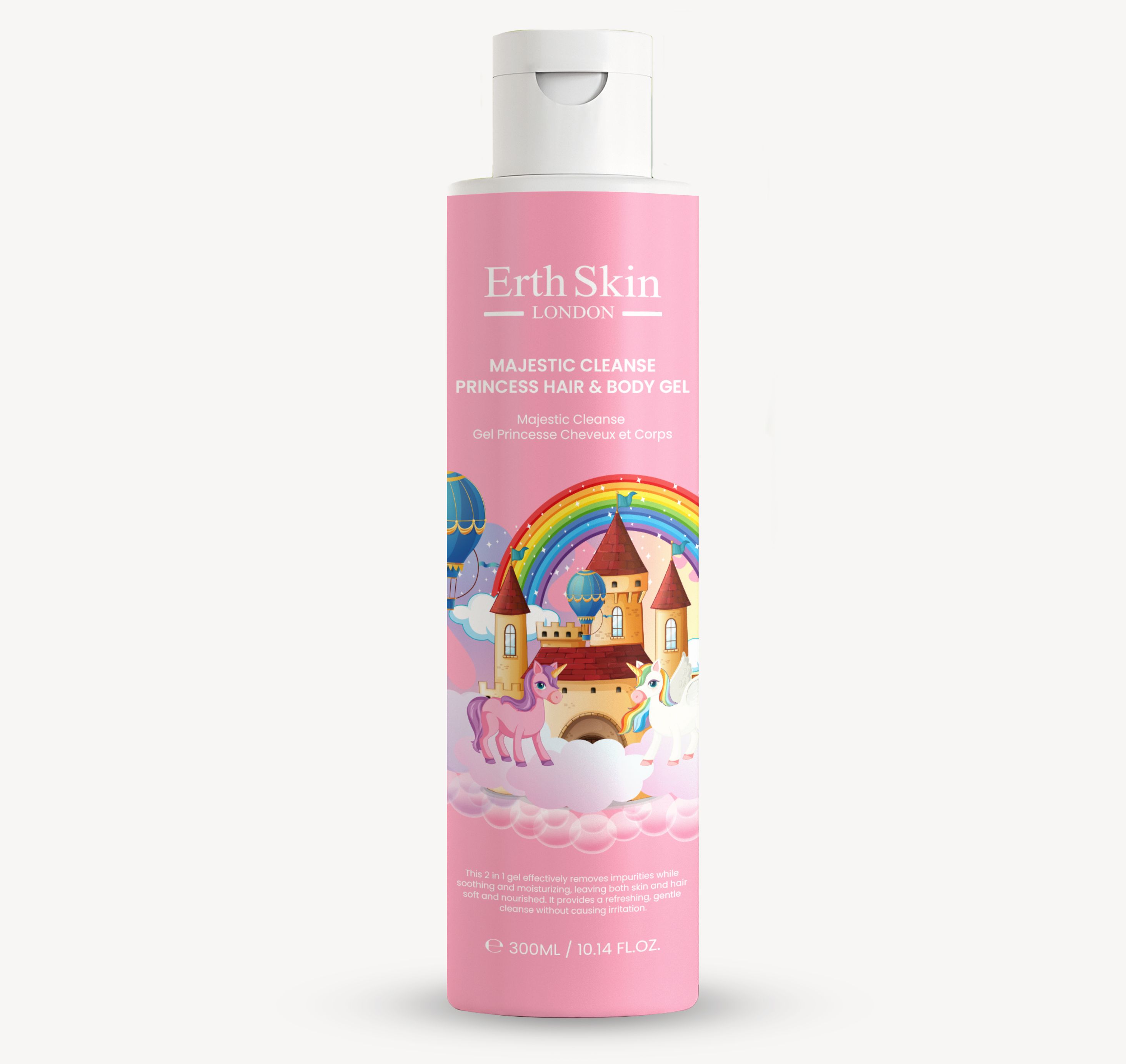 Rosa Flasche mit weißem Deckel. Aufschrift: Erth Skin London, Majestic Cleanse Princess Haar- & Körpergel. Illustration: Schloss, Einhorn.
