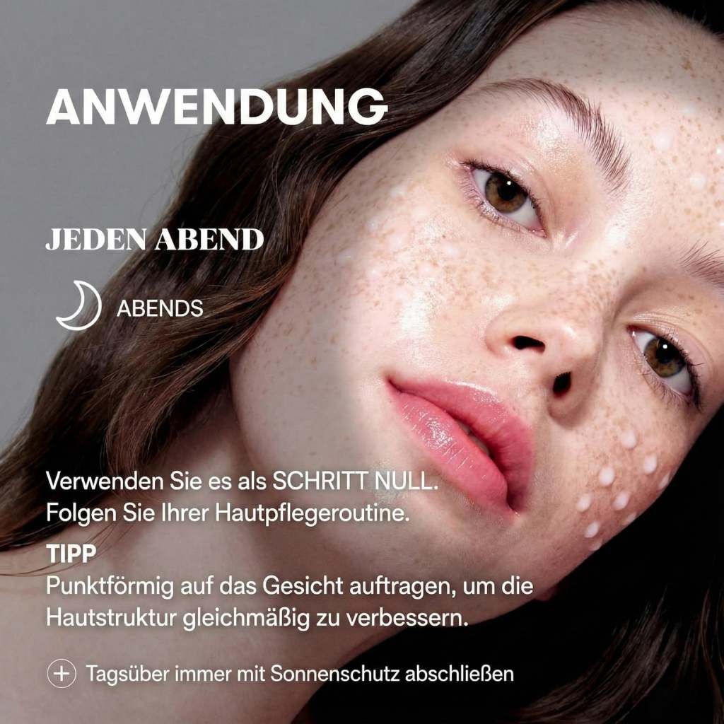 Porträt einer Frau mit Sommersprossen. Text: Anwendung, jeden Abend. Anwendungshinweise. Punktförmiges Auftragen. Sonnenschutz.