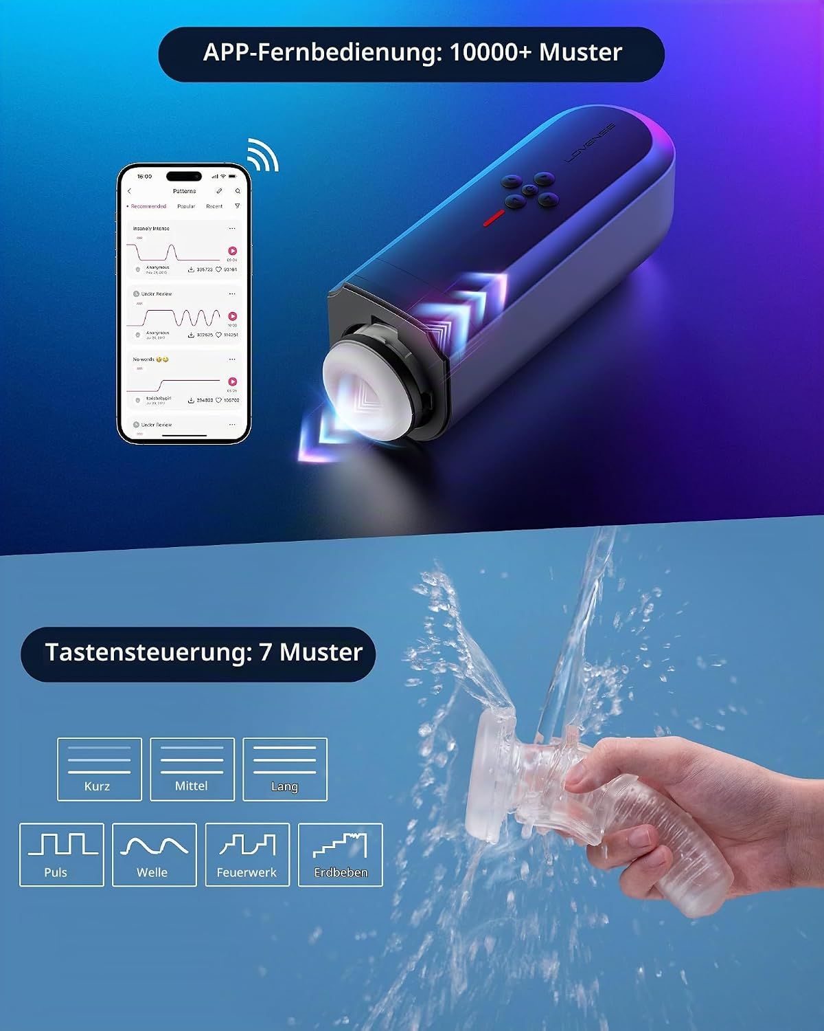 Gerät mit App-Steuerung und Tastensteuerung, zeigt verschiedene Muster und Wasserdichtigkeit.